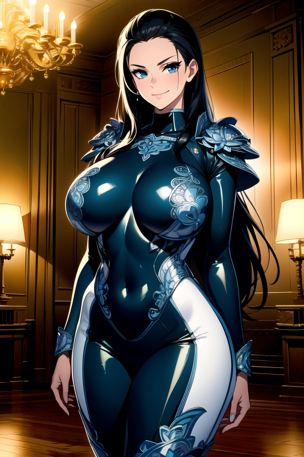 masterpiece, ((ultra detailed background, delicate pattern, intricate detail)), (highly detailed, fine details), best quality, beautiful lighting, (gigantic breasts)), NicoRobinV2, 1girl, black hair, long hair, solo, gigantic breasts, (smile), blue eyes, closed mouth, hair slicked back, jewelry, collarbone, ((very tight suit) (chest armor), (complex detailed background, inside, luxury palace), curvy, cowboy shot