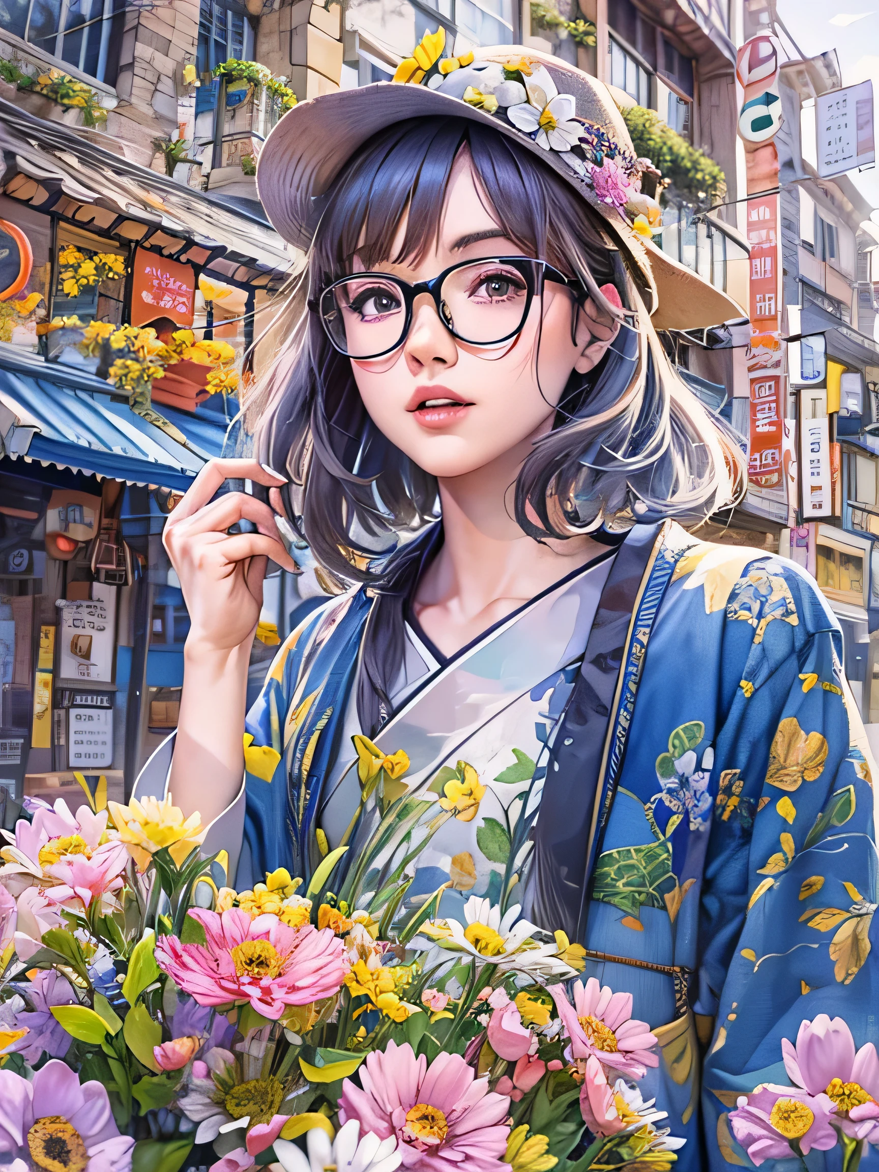 8K quality, watercolor painting, stylish design, (((The strongest beautiful girl of all time))), (((Japanese)))、AKB48、stylish glasses, Fashionable hats, (((highest quality))), bob hair, HDR, ((Detailed details)), stylish fashion, detailed clothing texture, (((spring street corner))), colorful hair, ((masterpiece))、((Super detailed))、colorful flowers、