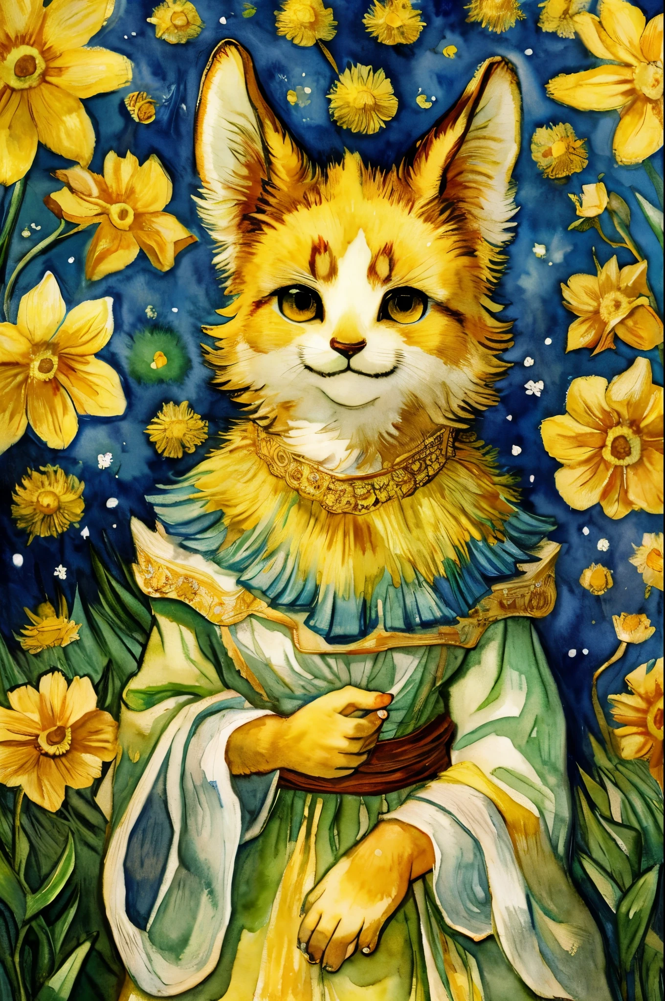 monochrome, watercolor, highres, top quality, best quality, paid reward available, High-quality illustrations, unparalleled masterpiece, perfect artwork, absurdres, 1girl, kemono, furry, detailed body fur, animal face, animal hand, Archaic Smile, holding a cluster of gold flower in both hands, which are positioned at chest level, She is wearing a simple ring on the ring finger of her left hand, unfocused spread of gold flower, fan-created work shared on platforms Pixiv or Twitter, Watercolor elements that seem to shift through time, Van Gogh,
