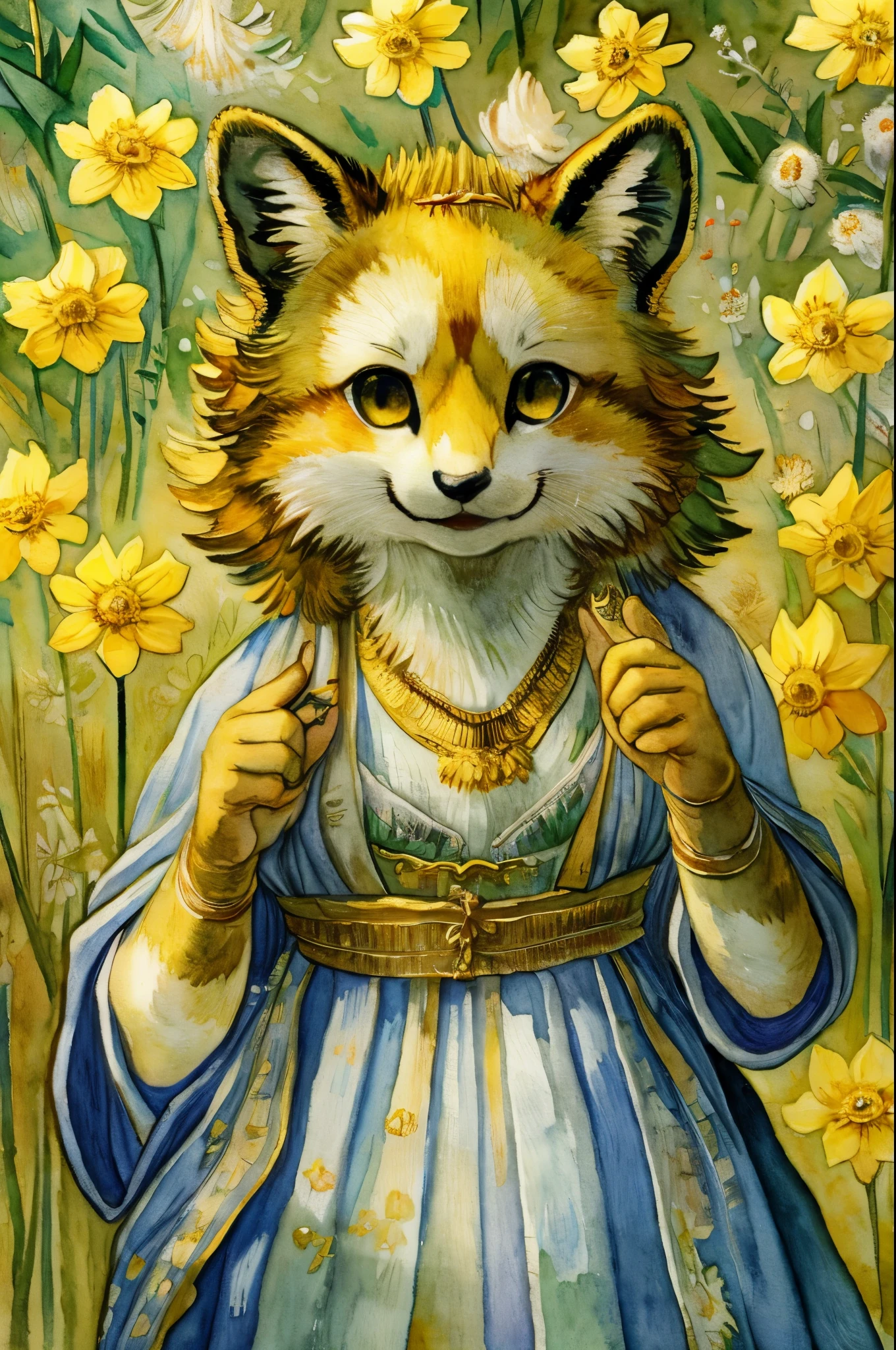 monochrome, watercolor, highres, top quality, best quality, paid reward available, High-quality illustrations, unparalleled masterpiece, perfect artwork, absurdres, 1girl, kemono, furry, detailed body fur, animal face, animal hand, Archaic Smile, holding a cluster of gold flower in both hands, which are positioned at chest level, She is wearing a simple ring on the ring finger of her left hand, unfocused spread of gold flower, fan-created work shared on platforms Pixiv or Twitter, Watercolor elements that seem to shift through time, Van Gogh,