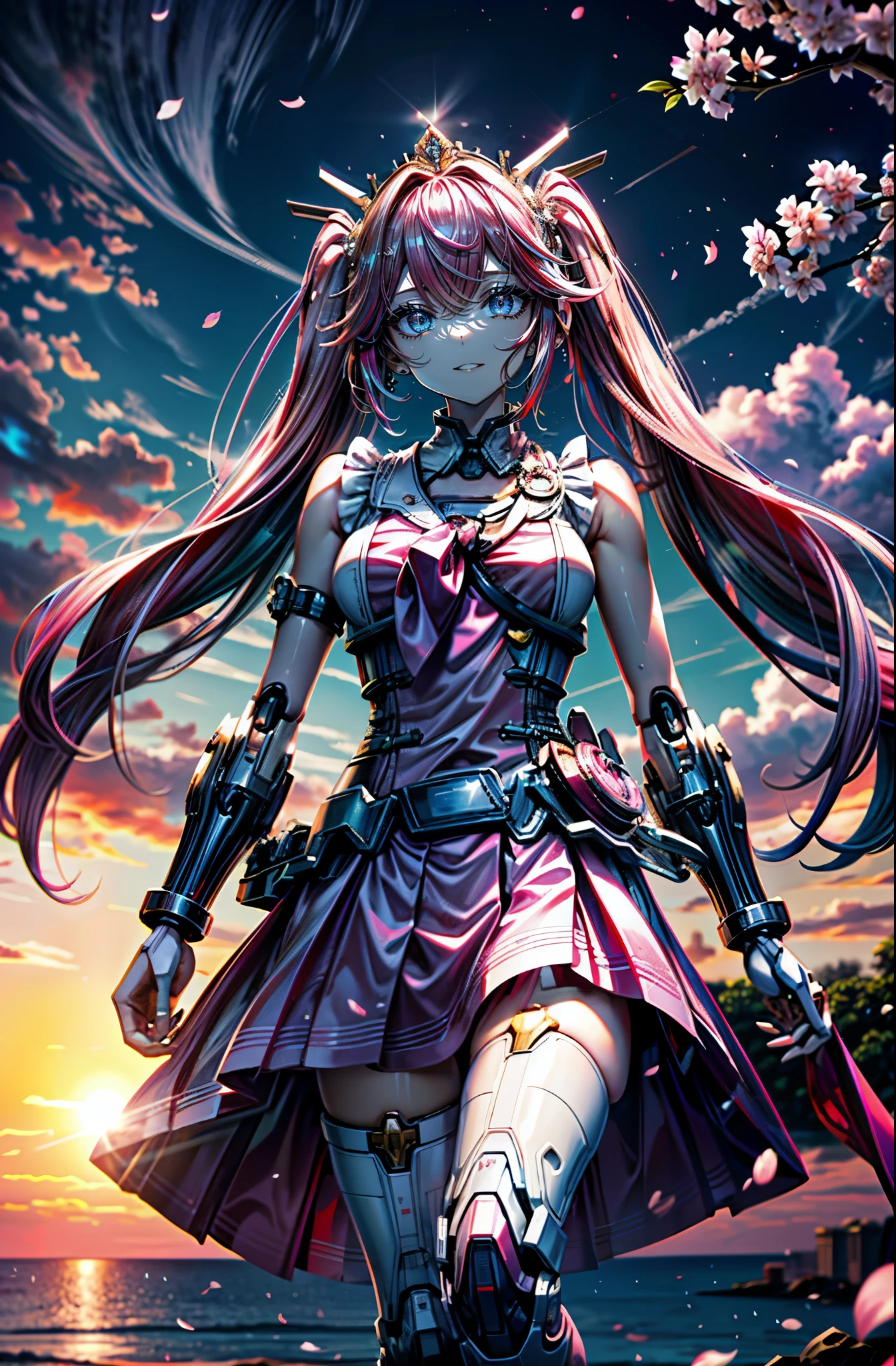 hyper quality、8K quality、High resolution、Image quality taken with a single-lens reflex camera、perfect anatomy、green eyes、(mecha girl)((Pink Hair)), Pink Eyes, (Golden Tiara), Twin Tails, (Cherry Blossom Ornament)Sleeveless, (Sleeveless Shirt, Parted Sleeves, White Shirt, Pink Tie,) Petals, Pink Skirt, Rim Lights, Pink Pantyhose, Bare Shoulders, Pink Sleeves, ((Heart Ncklace, Heart Jewelry)),(beautiful beach),((beautiful sunset)),((Cherry Blossom Ornament)), Cherry Blossom Pattern、BREAK、(perfect anatomy、Mechanical parts below the elbow and below the knee:1.4)BREAK(seaside、dawn、The sun shines in:1.4)