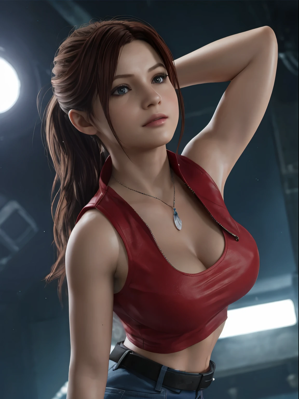 Claire Redfield, {{master part, best quality, CG extremamente detalhado, Unity 8k papel de parede, Cinematic lighting}}, 1girl, Mulher nova, corpo inteiro, dia ensolarado, belos olhos detalhados, (seios grandes, clivagem), Bunda redonda, looking up at the audience, long eyelashes,