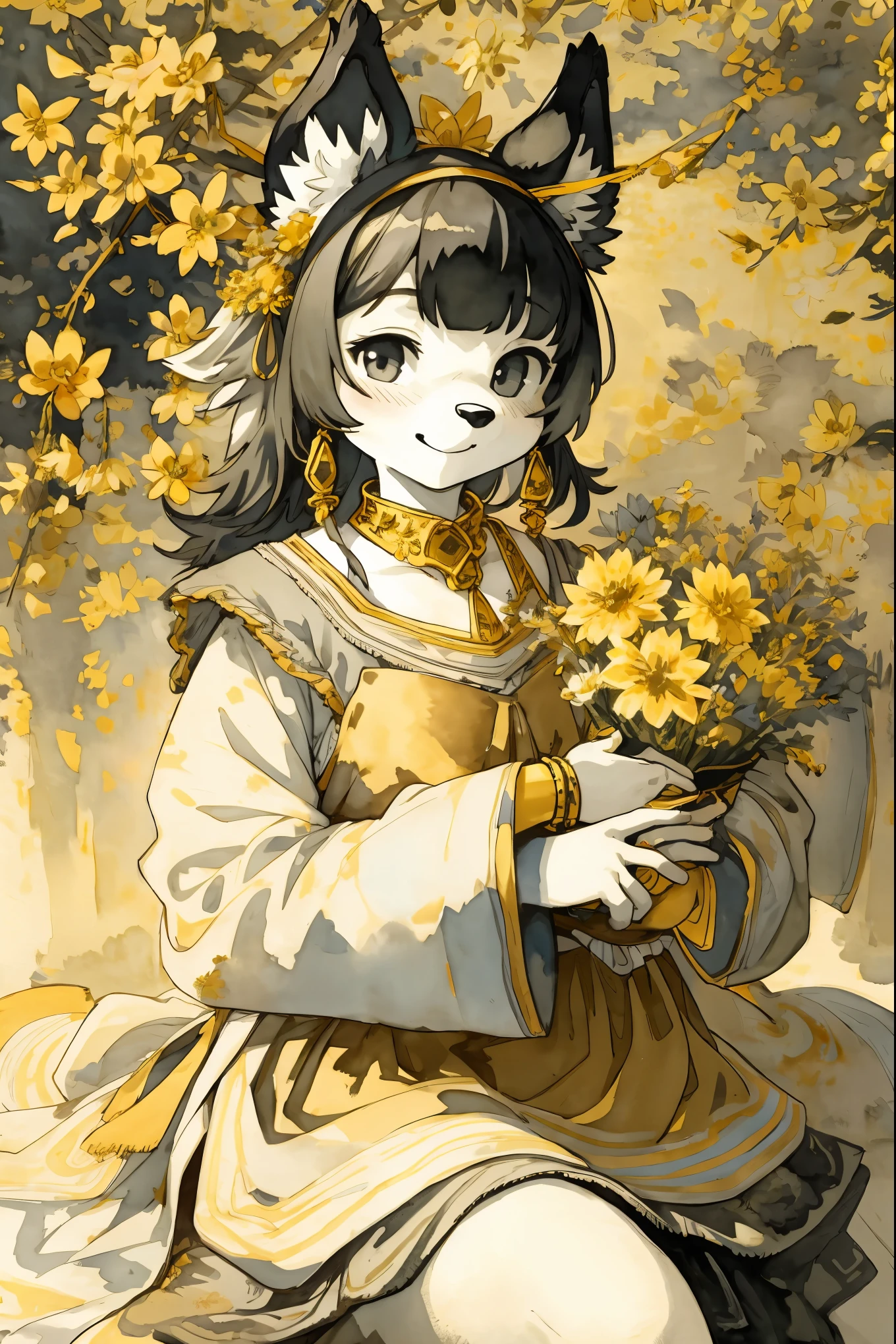 monochrome, watercolor, highres, top quality, best quality, paid reward available, High-quality illustrations by Vermeer, unparalleled masterpiece, perfect artwork, absurdres, 1girl, kemono, furry, detailed body fur, animal face, animal hand, Archaic Smile, holding a cluster of gold flower in both hands, which are positioned at chest level, She is wearing a simple ring on the ring finger of her left hand, unfocused spread of gold flower, fan-created work shared on platforms Pixiv or Twitter, Watercolor elements that seem to shift through time,