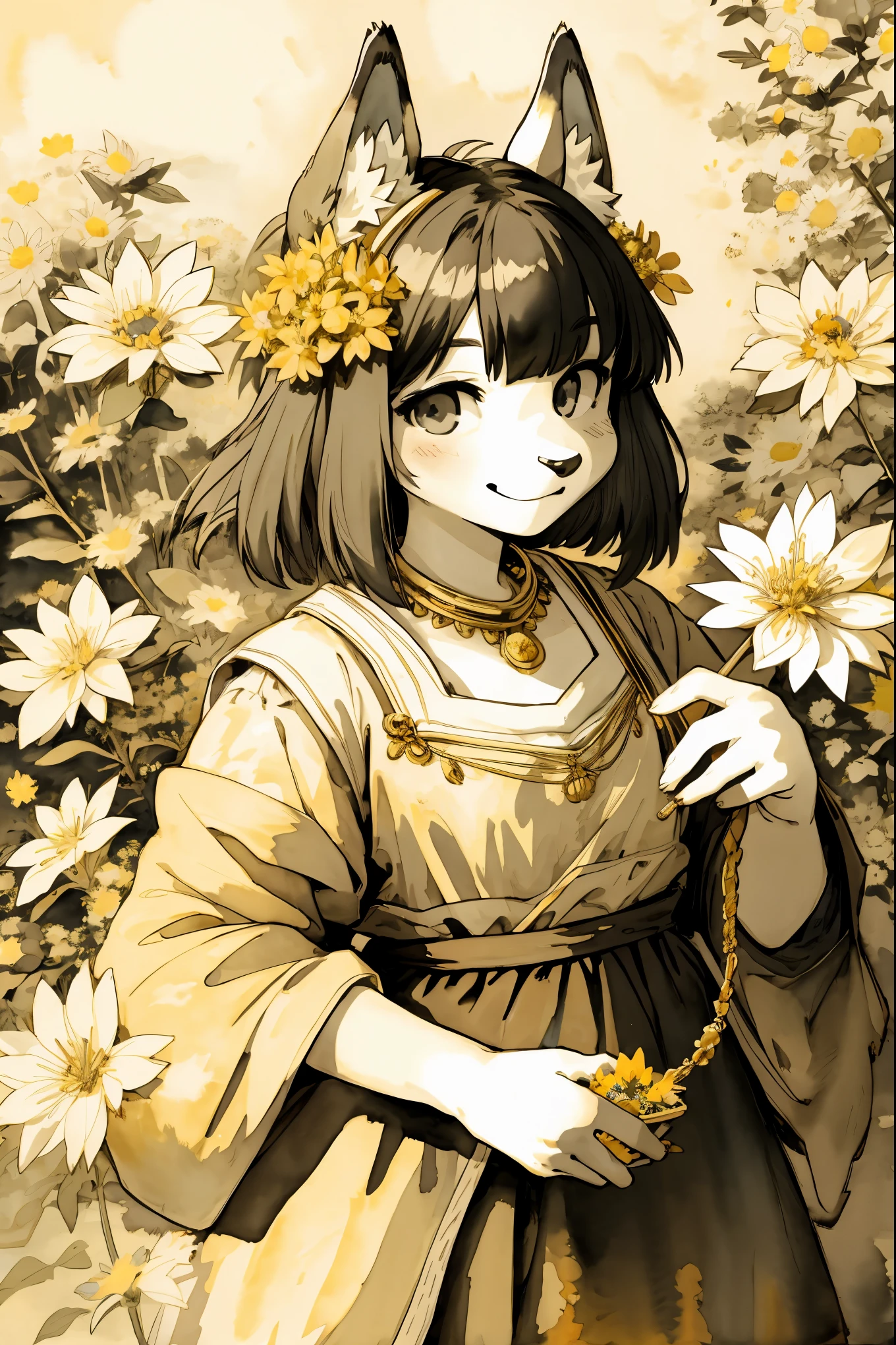 monochrome, watercolor, highres, top quality, best quality, paid reward available, High-quality illustrations by Vermeer, unparalleled masterpiece, perfect artwork, absurdres, 1girl, kemono, furry, detailed body fur, animal face, animal hand, Archaic Smile, holding a cluster of gold flower in both hands, which are positioned at chest level, She is wearing a simple ring on the ring finger of her left hand, unfocused spread of gold flower, fan-created work shared on platforms Pixiv or Twitter, Watercolor elements that seem to shift through time,