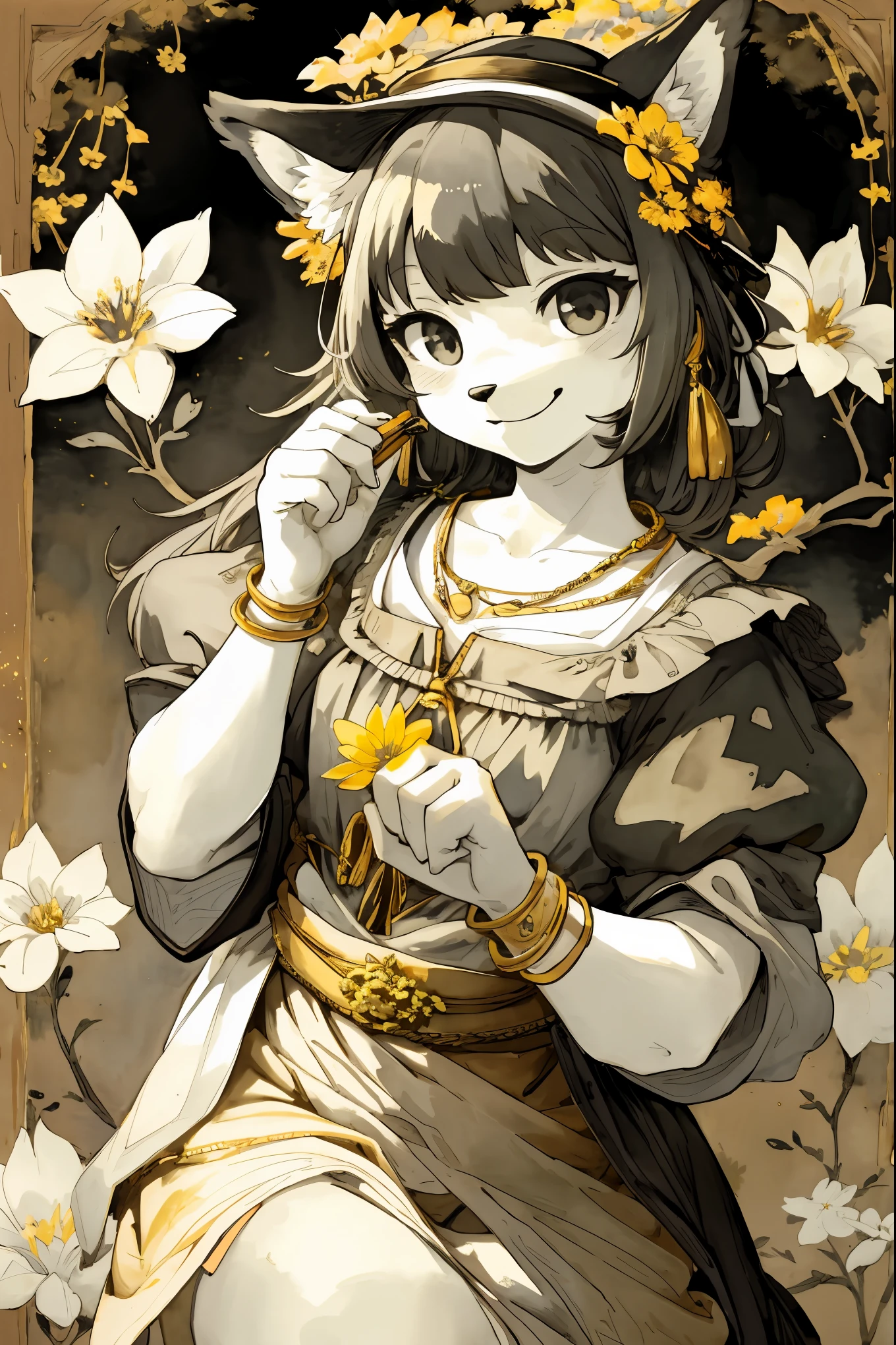 monochrome, watercolor, highres, top quality, best quality, paid reward available, High-quality illustrations by Vermeer, unparalleled masterpiece, perfect artwork, absurdres, 1girl, kemono, furry, detailed body fur, animal face, animal hand, Archaic Smile, holding a cluster of gold flower in both hands, which are positioned at chest level, She is wearing a simple ring on the ring finger of her left hand, unfocused spread of gold flower, fan-created work shared on platforms Pixiv or Twitter, Watercolor elements that seem to shift through time,