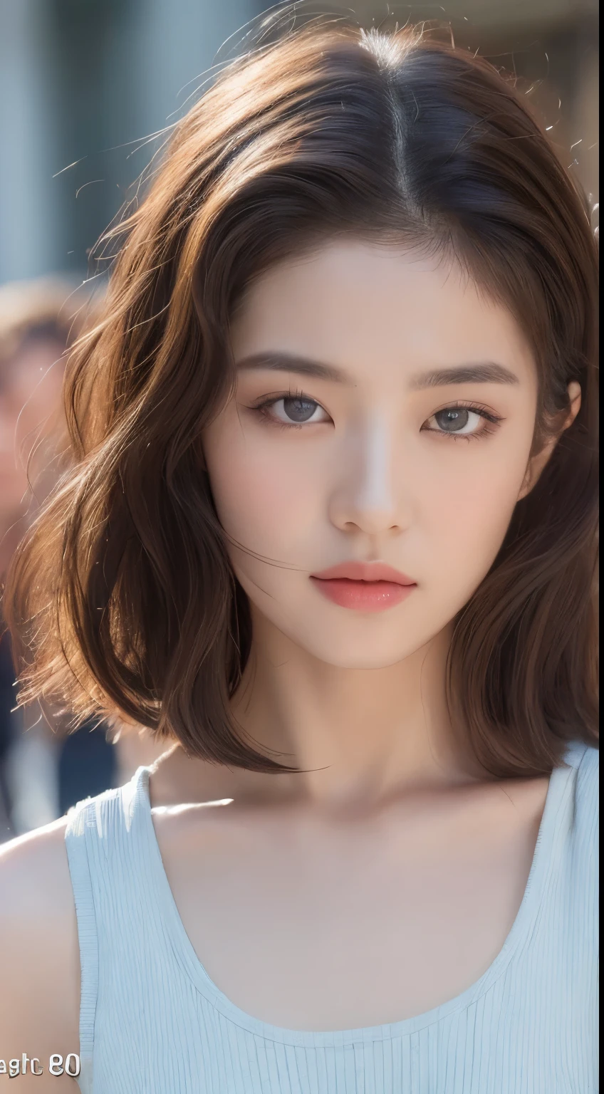 ((highest quality, 8k, masterpiece :1.3)), sharp focus: 1.2, perfect body beauty: 1.4, slim abs: 1.2, ((layered hairstyles: 1.2)), (tank top shirt:1.1), (street: 1.2), Highly detailed face and skin texture, fine eyes, double eyelid