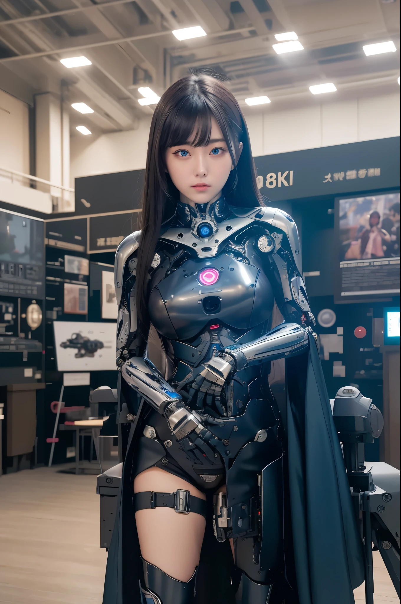 masterpiece, Best Quality, Extremely detailed, 8K portrait,Japaese android girl,Plump , control panels,Robot arms and legs, Blunt bangs,Charging spot,She has charged energy,She is exhibits,museum hall,blue eyes