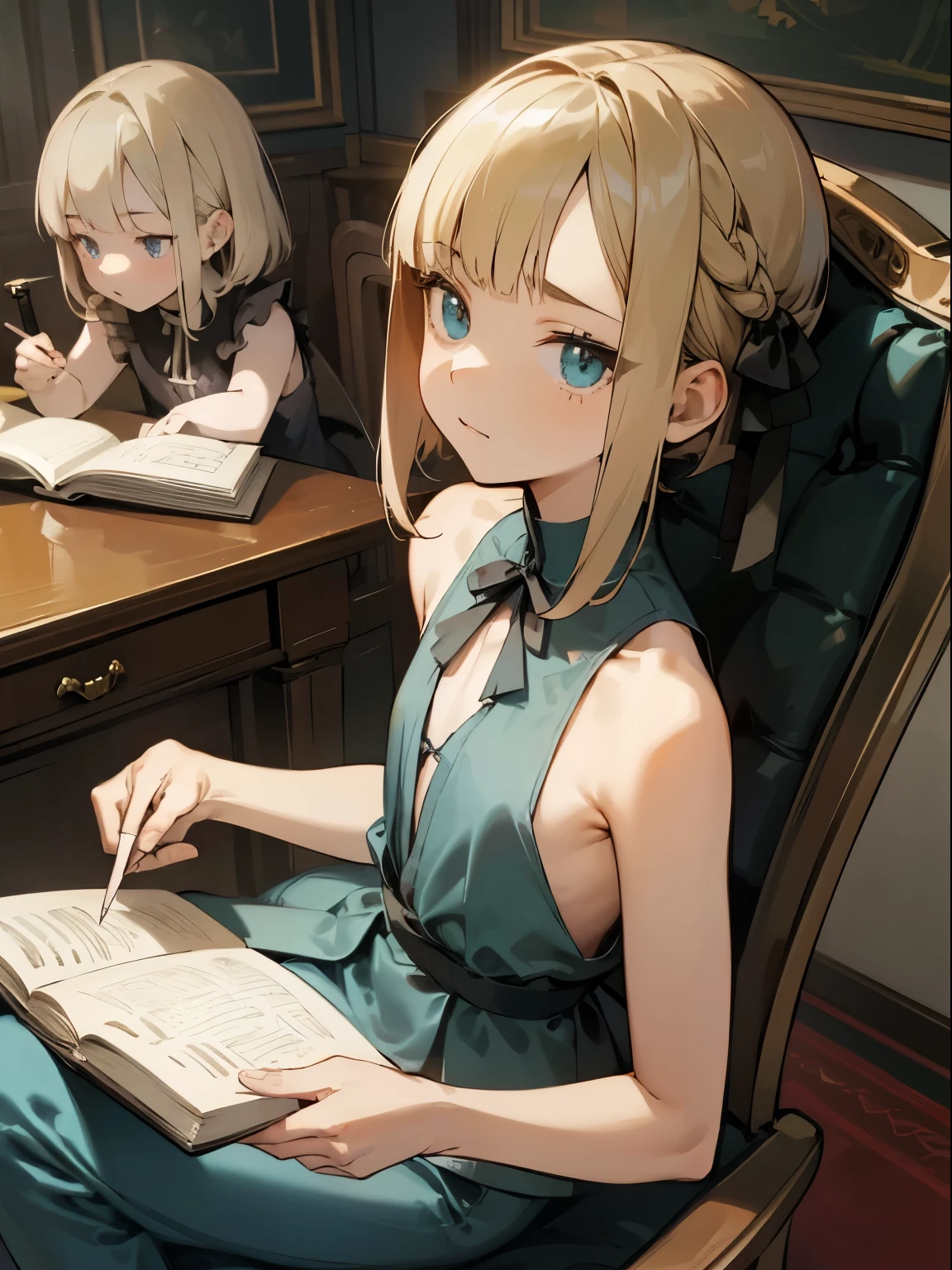 hayasaka ai, High resolution, Soft Light, blue eyes, Blonde Hair, Long Hair, Shoulder less, Thin legs, belly button, Side tie bikini short skirt, Cleavage, Mid-chest,Reading a book