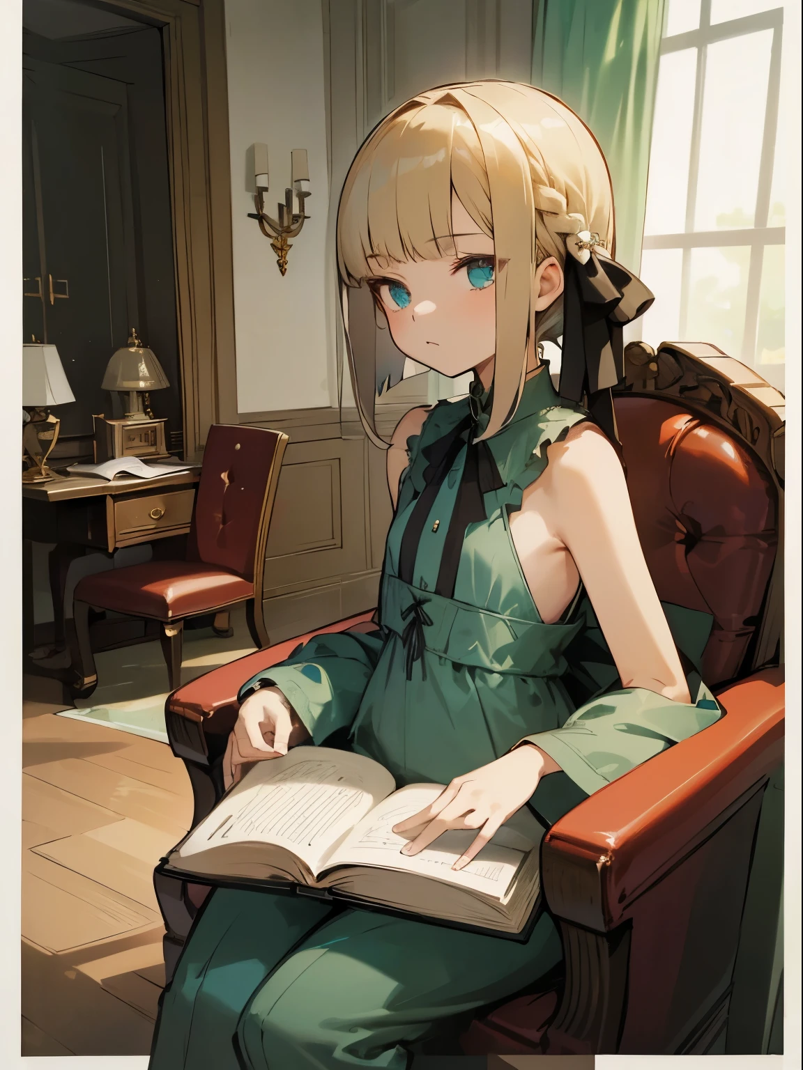 Reines, 1girl, high quality, best quality, illustration, masterpiece, (highly detailed:1.2), (extremely detailed:1.3), pajamas, sleeveless, backless, young girl, string ribbon, bare shoulders, braid, , , sitting on chair, in a house, flat chest, (children:1.2), children reading a book, short hair, selfie, armpits