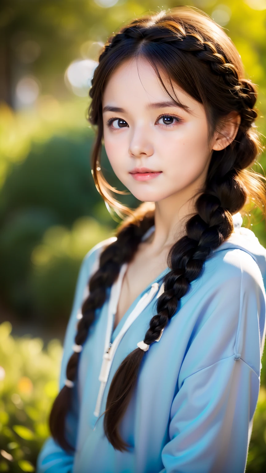 one girl、((smile:0.1))、pretty girl、dark beige hair、、young、delicate girl、Braid、Upper body、small breasts、unreasonable precision、Super detailed、blue shirt、Layering、light orange hoodie、completely flat、Honesty、thin arms, professional lighting, film grain, chromatic aberration, (Eye and face details:1.0), (Bokeh:1.1)、software:1.5)))、 highest quality, 8k, 14 years,