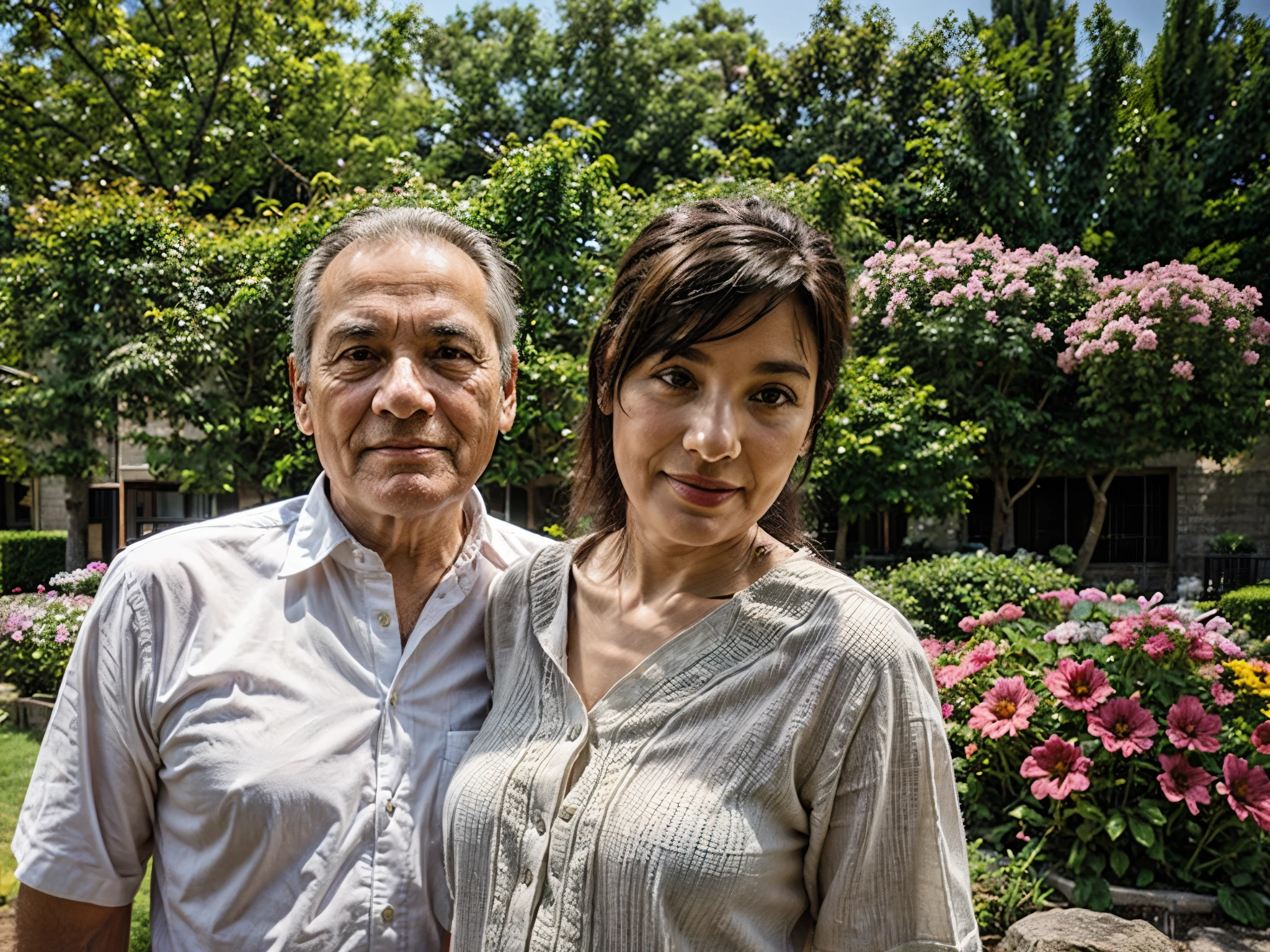 Grandparents are standing in the summer garden around flowers trees grass summer 