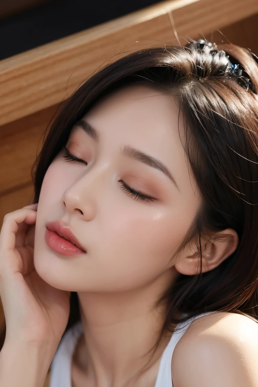 A seductive girl, eyes closed and lips puckered, eagerly anticipating a kiss,look at  viewer,from top，look up at the audience