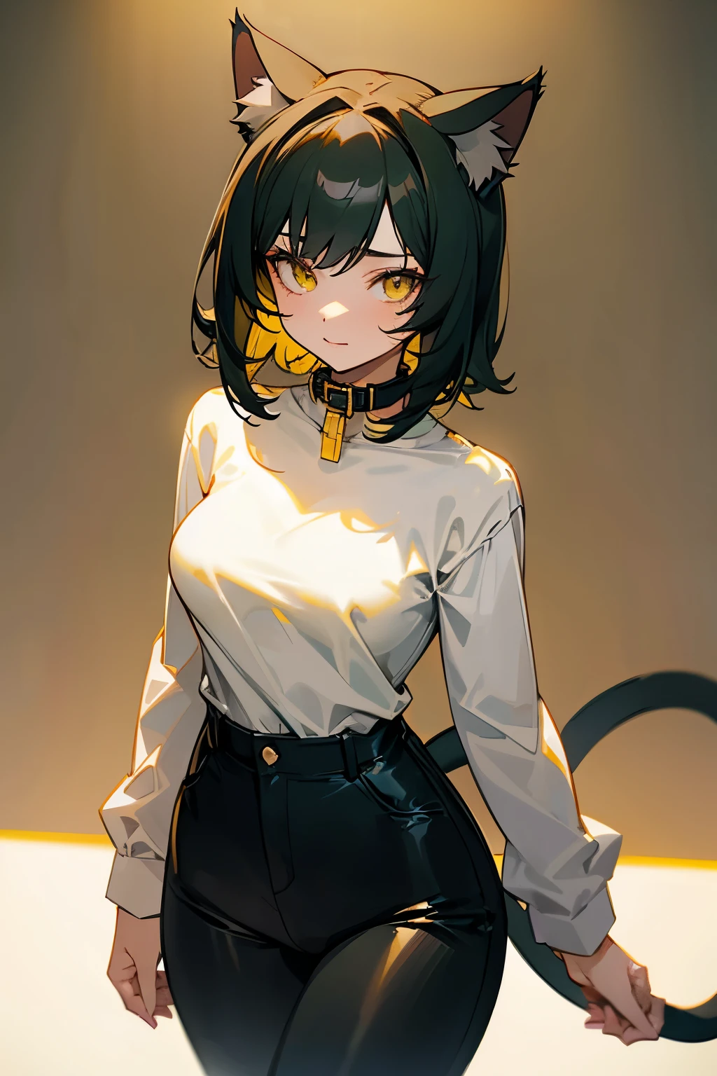 Cute girl, short dark green hair, yellow eyes, cat ears, cat collar, cat tail, white shirt, black long tight pants, beautiful slim waist, medium breasts