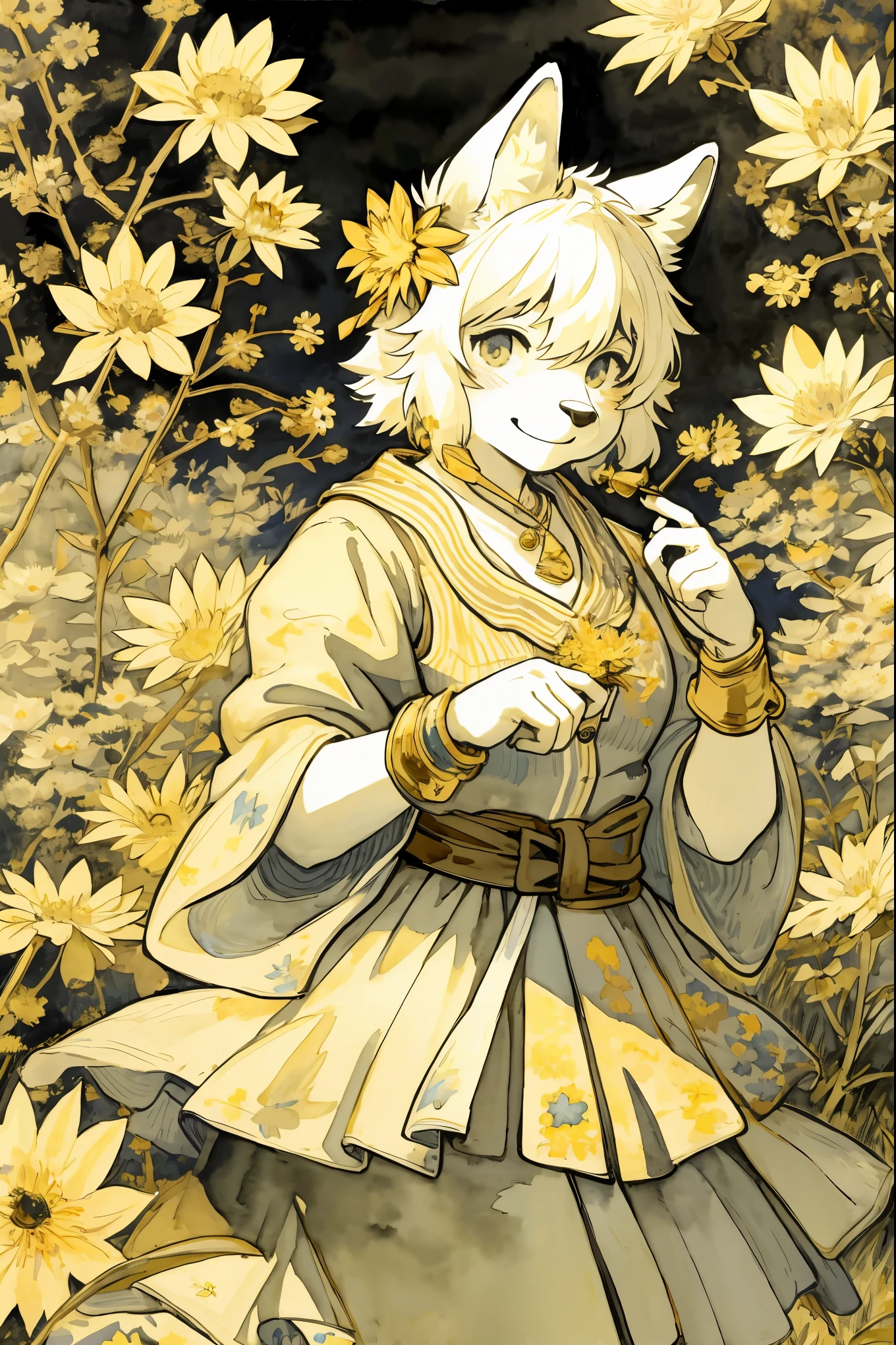 monochrome, watercolor, highres, top quality, best quality, paid reward available, High-quality illustrations by Van Gogh, unparalleled masterpiece, perfect artwork, absurdres, 1girl, kemono, furry, detailed body fur, animal face, animal hand, Archaic Smile, holding a cluster of gold flower in both hands, which are positioned at chest level, She is wearing a simple ring on the ring finger of her left hand, unfocused spread of gold flower, fan-created work shared on platforms Pixiv or Twitter, Watercolor elements that seem to shift through time,