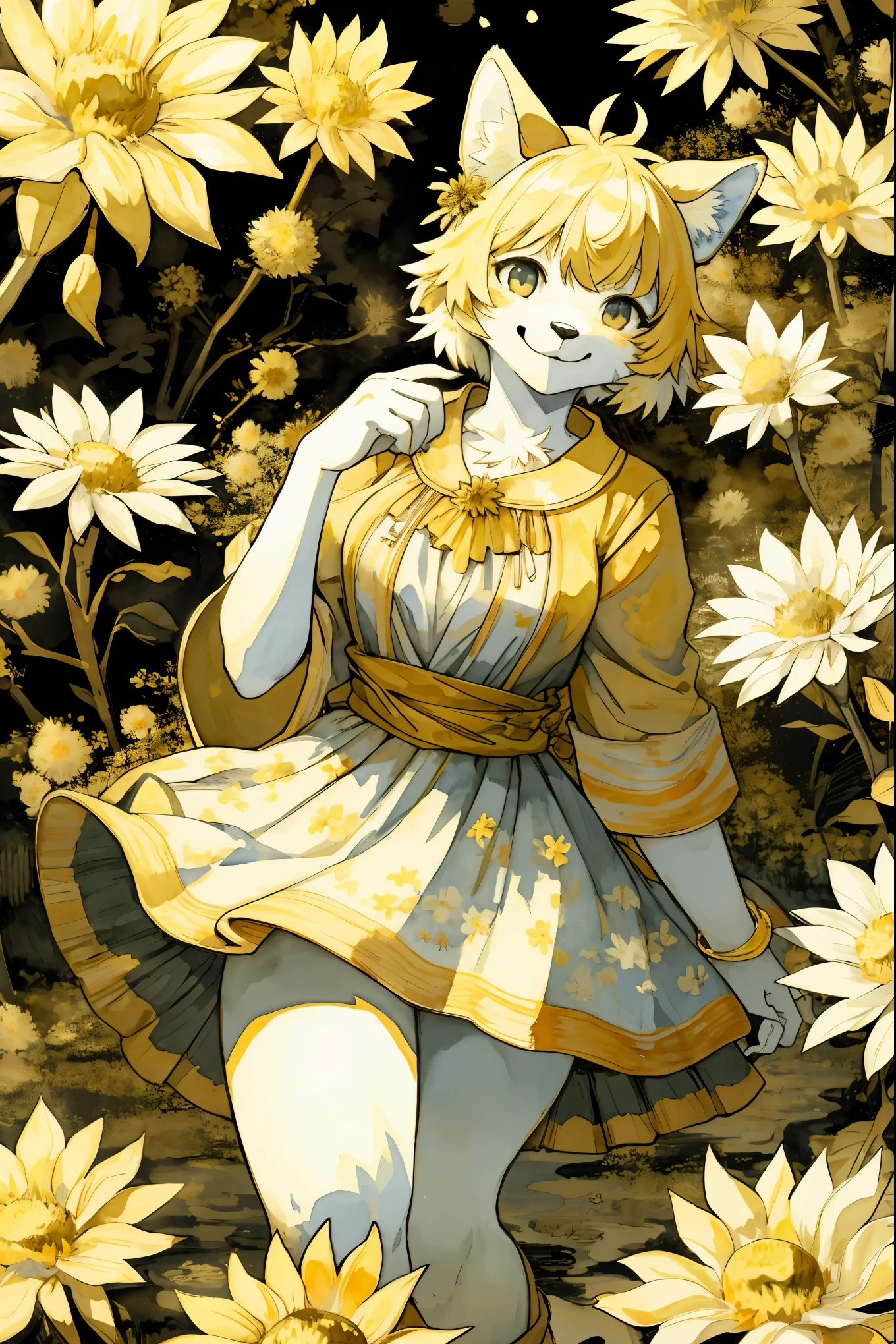 monochrome, watercolor, highres, top quality, best quality, paid reward available, High-quality illustrations by Van Gogh, unparalleled masterpiece, perfect artwork, absurdres, 1girl, kemono, furry, detailed body fur, animal face, animal hand, Archaic Smile, holding a cluster of gold flower in both hands, which are positioned at chest level, She is wearing a simple ring on the ring finger of her left hand, unfocused spread of gold flower, fan-created work shared on platforms Pixiv or Twitter, Watercolor elements that seem to shift through time,