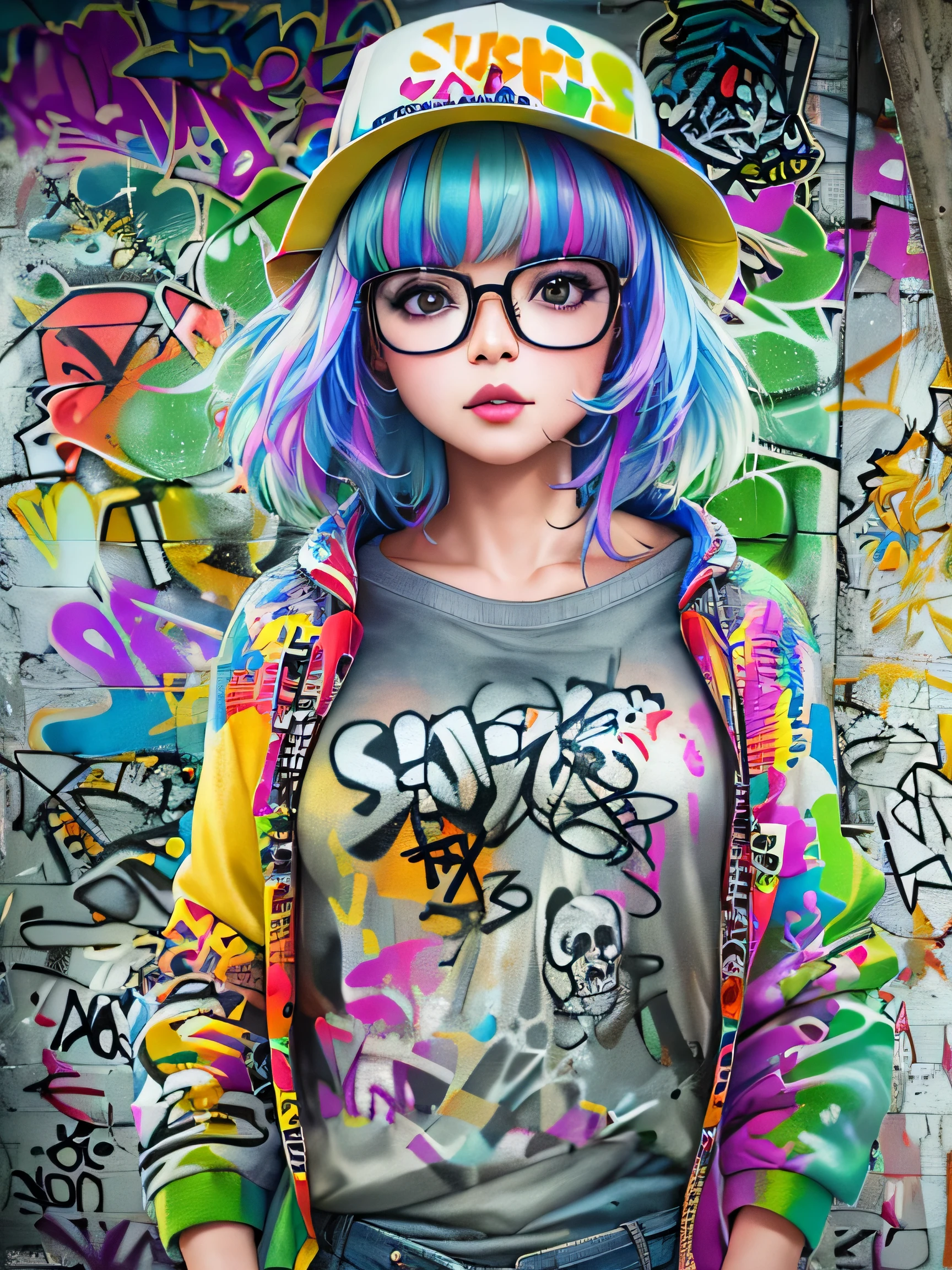 8K quality, watercolor painting, stylish design, (((The strongest beautiful girl of all time))), (((Japanese)、clear, stylish glasses, Fashionable hats, (((highest quality))), bob hair, HDR, ((Detailed details)), skull fashion、, detailed clothing texture, (((graffiti art))), colorful hair, ((masterpiece))、((Super detailed))