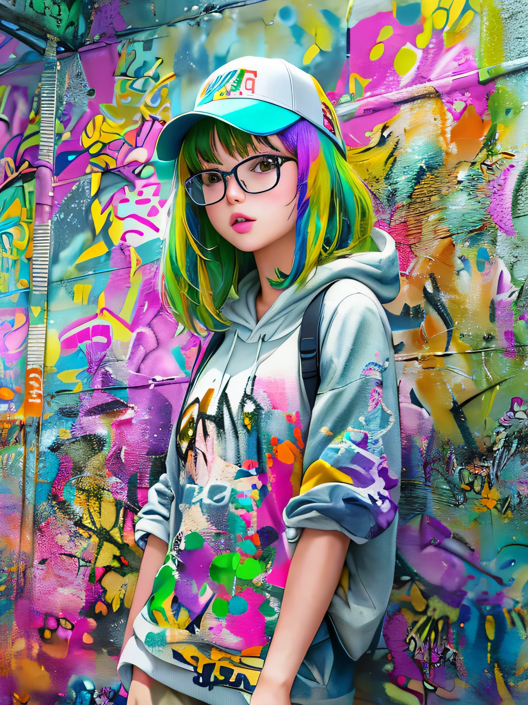 8K quality, watercolor painting, stylish design, (((The strongest beautiful girl of all time))), (((Japanese)))、AKB48、stylish glasses, Fashionable hats, (((highest quality))), bob hair,  HDR, ((Detailed details)), oversized hoodie, detailed clothing texture, (((graffiti art))), colorful hair, ((masterpiece))、((Super detailed))、colorful flowers、bright future