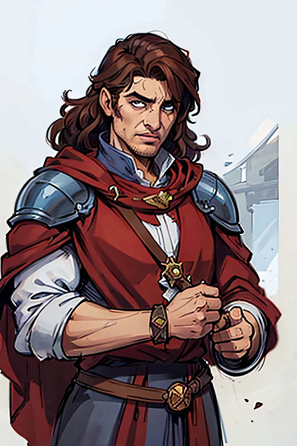 White background, flat color, line drawing, ((sketch)),40 year old man, Bad mood, frown, blue eyes, hooked nose, Man in a red cloak holding a sword, Photo of a male clergyman, portrait of mage, RPG character art, medieval style, high fantasy, A smart person, Holy emblem, stubble, dark circles, Bangs, curls, hair past shoulders, light brown hair, eyeball, Serious, shadow, raised eyebrows, masterpiece,DND portrait, western fantasy