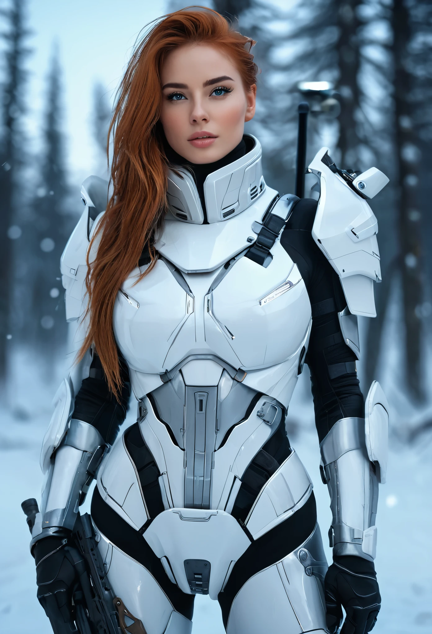 from below, full body shot, of one ultra hot gorgeous ((european woman)), age 23, light auburn hair, she's a playmate, a men magazine model, in a winter white and grey ARMOR, holding weapons, as a futuristic cyberpunk warrior in a dystopian world. leaning forward. Juxtapose the beauty with a harsh, survivalist snowy winter night environment with northern lights. Perfect anatomy, Perfect eyes, perfect hands, perfect body, perfect hair, perfect breast, accurate, UHD, retina, masterpiece, anatomically correct, textured skin, super detail, high details, high quality, award winning, best quality, highres, 16k, 8k