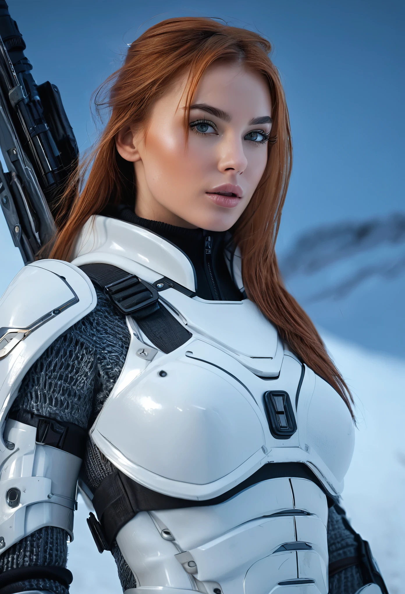 from below, full body shot, of  one ultra hot gorgeous ((european woman)), age 23, light auburn hair, she's a playmate, a men magazine model, in a winter white and grey ARMOR, holding weapons, as a futuristic cyberpunk warrior in a dystopian world. leaning forward. Juxtapose the beauty with a harsh, survivalist snowy winter night environment with northern lights. Perfect anatomy, Perfect eyes, perfect hands, perfect body, perfect hair, perfect breast, accurate, UHD, retina, masterpiece, anatomically correct, textured skin, super detail, high details, high quality, award winning, best quality, highres, 16k, 8k