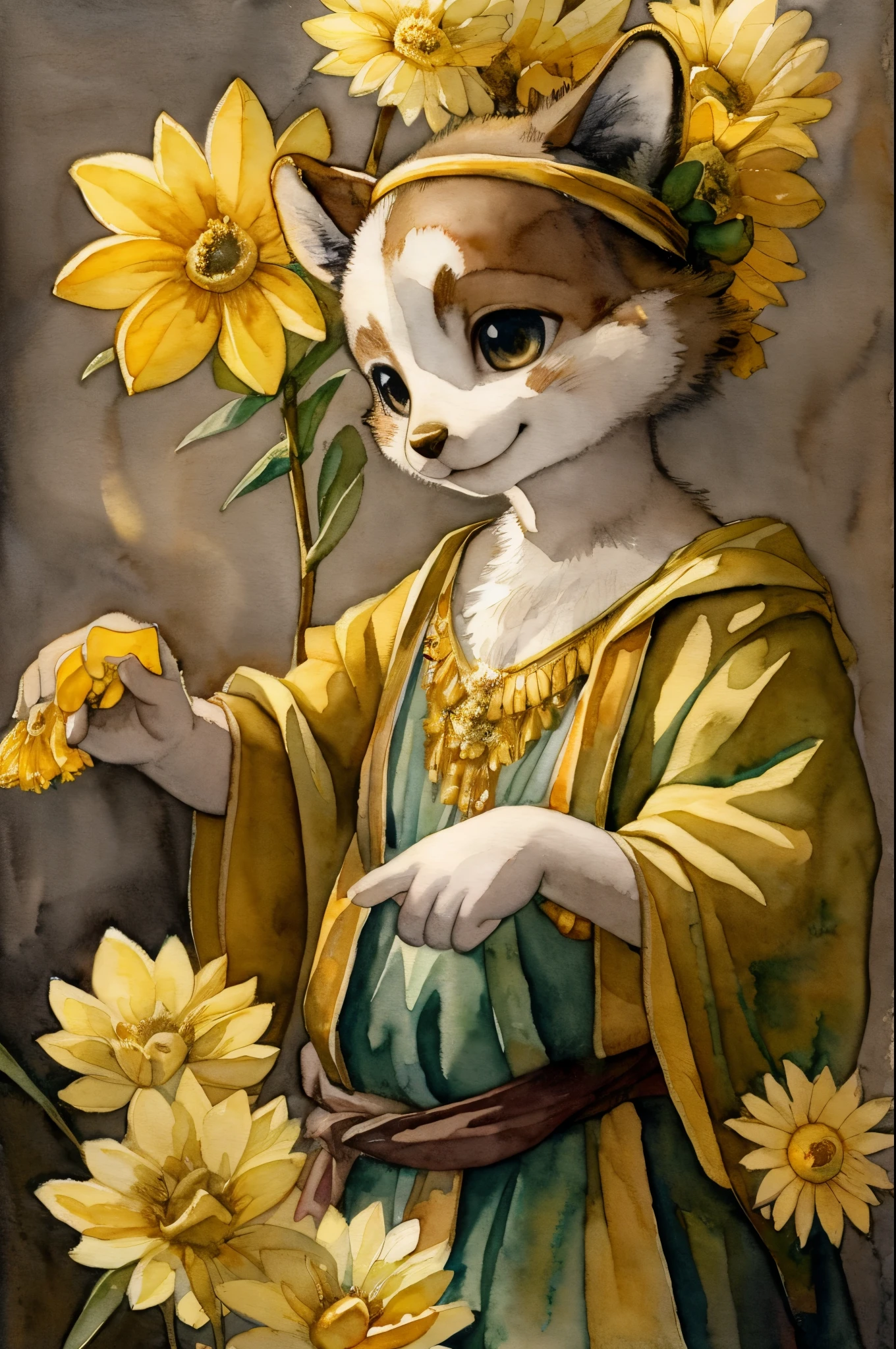monochrome, watercolor, highres, top quality, best quality, paid reward available, High-quality illustrations, unparalleled masterpiece, perfect artwork, absurdres, 1girl, kemono, furry, detailed body fur, animal face, animal hand, Archaic Smile, holding a cluster of gold flower in both hands, which are positioned at chest level, She is wearing a simple ring on the ring finger of her left hand, unfocused spread of gold flower, fan-created work shared on platforms Pixiv or Twitter, Watercolor elements that seem to shift through time, Vermeer,