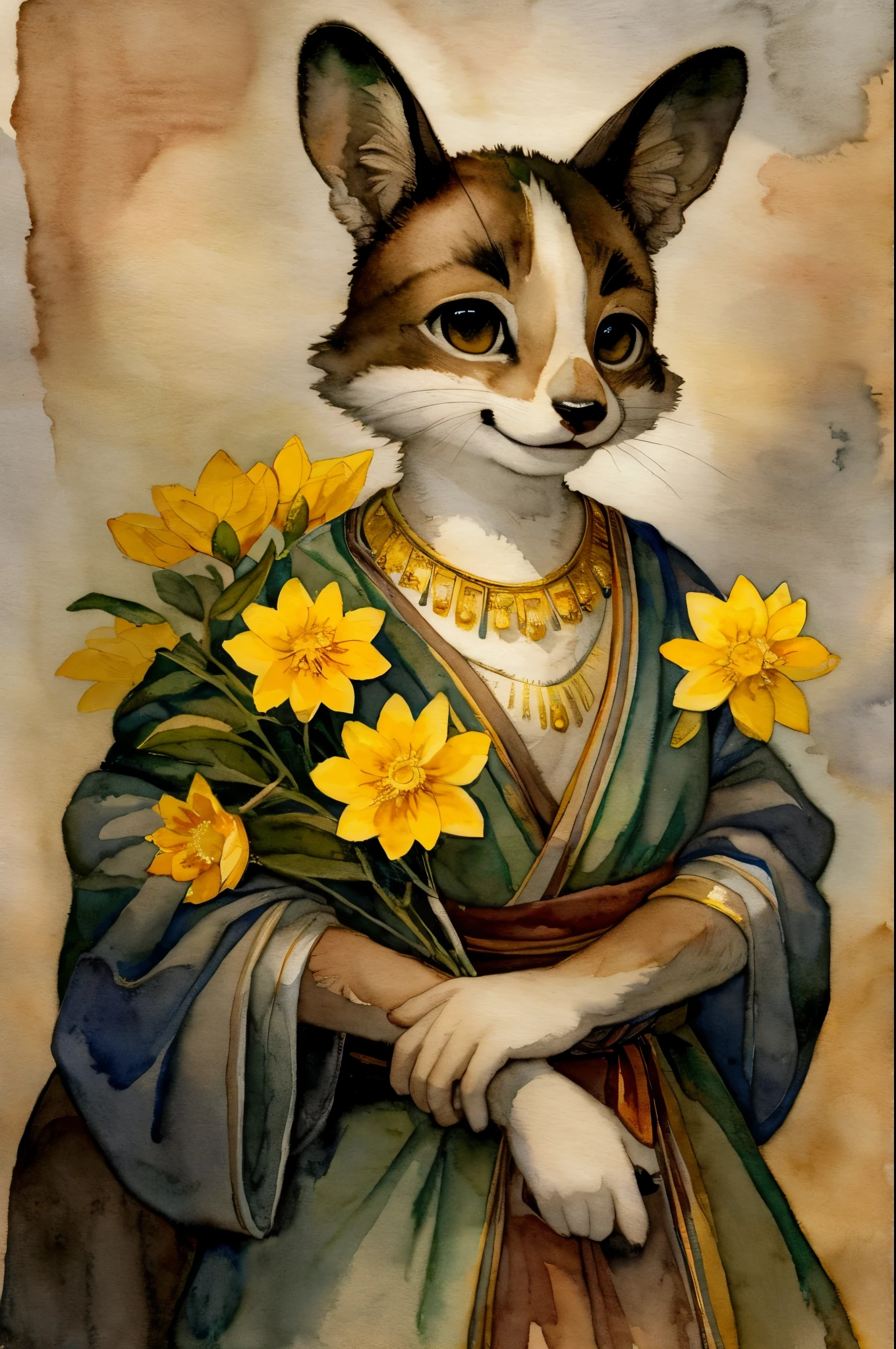 monochrome, watercolor, highres, top quality, best quality, paid reward available, High-quality illustrations, unparalleled masterpiece, perfect artwork, absurdres, 1girl, kemono, furry, detailed body fur, animal face, animal hand, Archaic Smile, holding a cluster of gold flower in both hands, which are positioned at chest level, She is wearing a simple ring on the ring finger of her left hand, unfocused spread of gold flower, fan-created work shared on platforms Pixiv or Twitter, Watercolor elements that seem to shift through time, Vermeer,