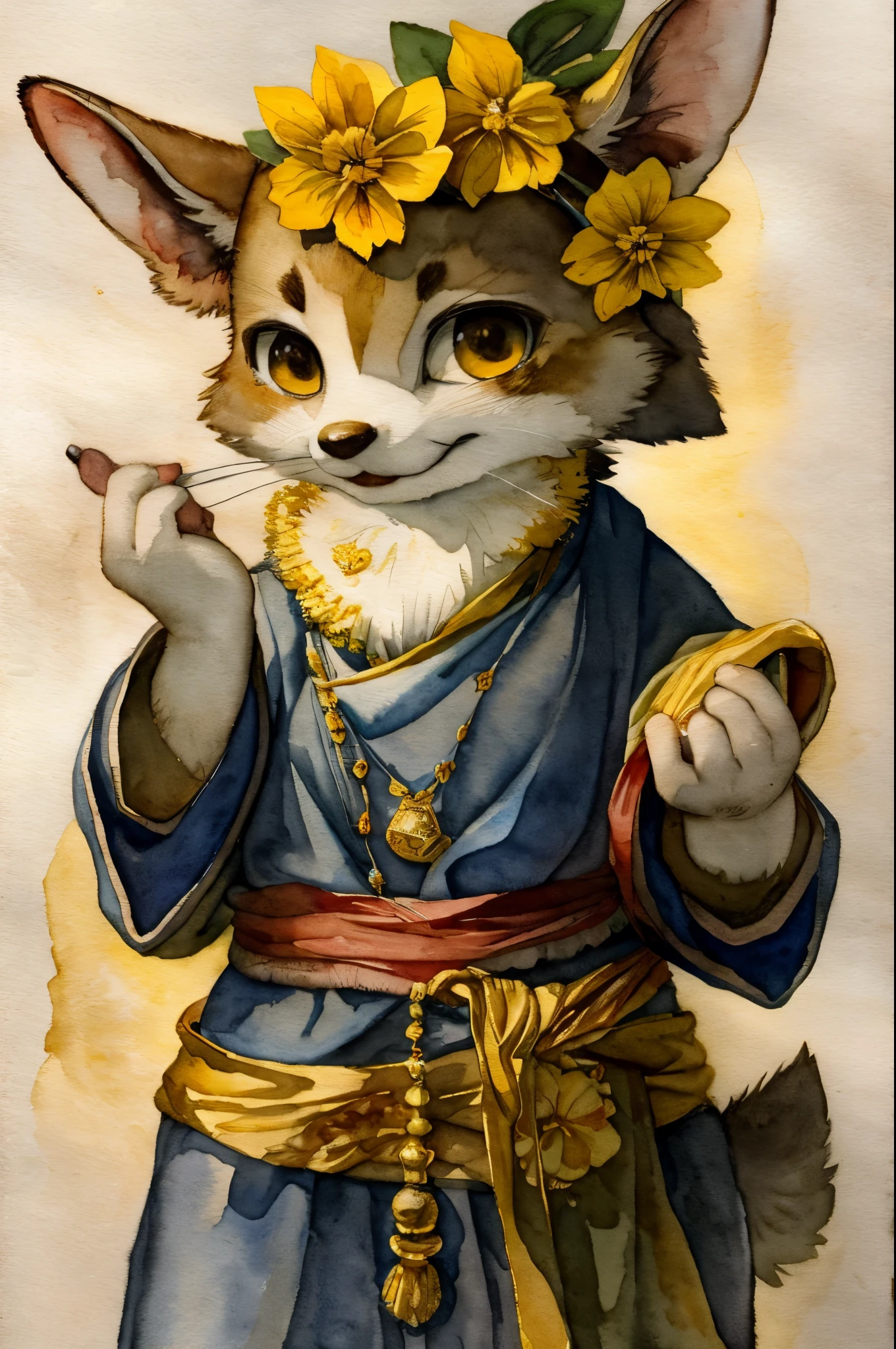 monochrome, watercolor, highres, top quality, best quality, paid reward available, High-quality illustrations, unparalleled masterpiece, perfect artwork, absurdres, 1girl, kemono, furry, detailed body fur, animal face, animal hand, Archaic Smile, holding a cluster of gold flower in both hands, which are positioned at chest level, She is wearing a simple ring on the ring finger of her left hand, unfocused spread of gold flower, fan-created work shared on platforms Pixiv or Twitter, Watercolor elements that seem to shift through time, Vermeer,