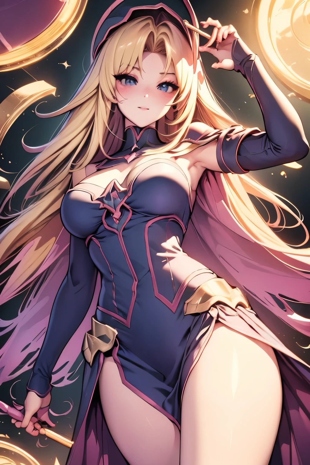 wince, longeyelashes, solid circle eyes, light smile, ear blush, blonde hair, full blush, drop shadow, stereogram, pov, atmospheric perspective, anime style, anime, cinematic lighting, depth of field, stereogram, chiaroscuro, masterpiece, anatomically correct, textured skin, super detail, high quality, 8k, best quality, award winning, woman, very long hair, magician hat, wand
