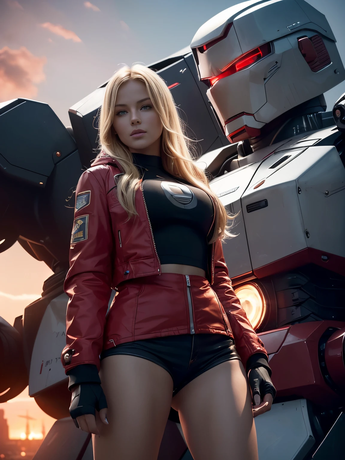 (Ultra high-definition imageidelity :1.2),Realistic,High quality,Movie Light, full body, 1 gorgeous european blonde woman, (stands in front of a giant robot:1.3),she wears red shorts and black jacket, flirts with camera