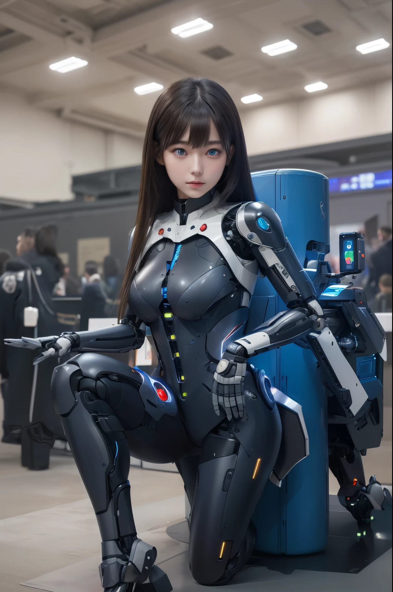 masterpiece, Best Quality, Extremely detailed, 8K portrait,Japaese android girl,Plump , control panels,Robot arms and legs, Blunt bangs,Charging spot,She has charged energy,She is exhibits,museum hall,blue eyes