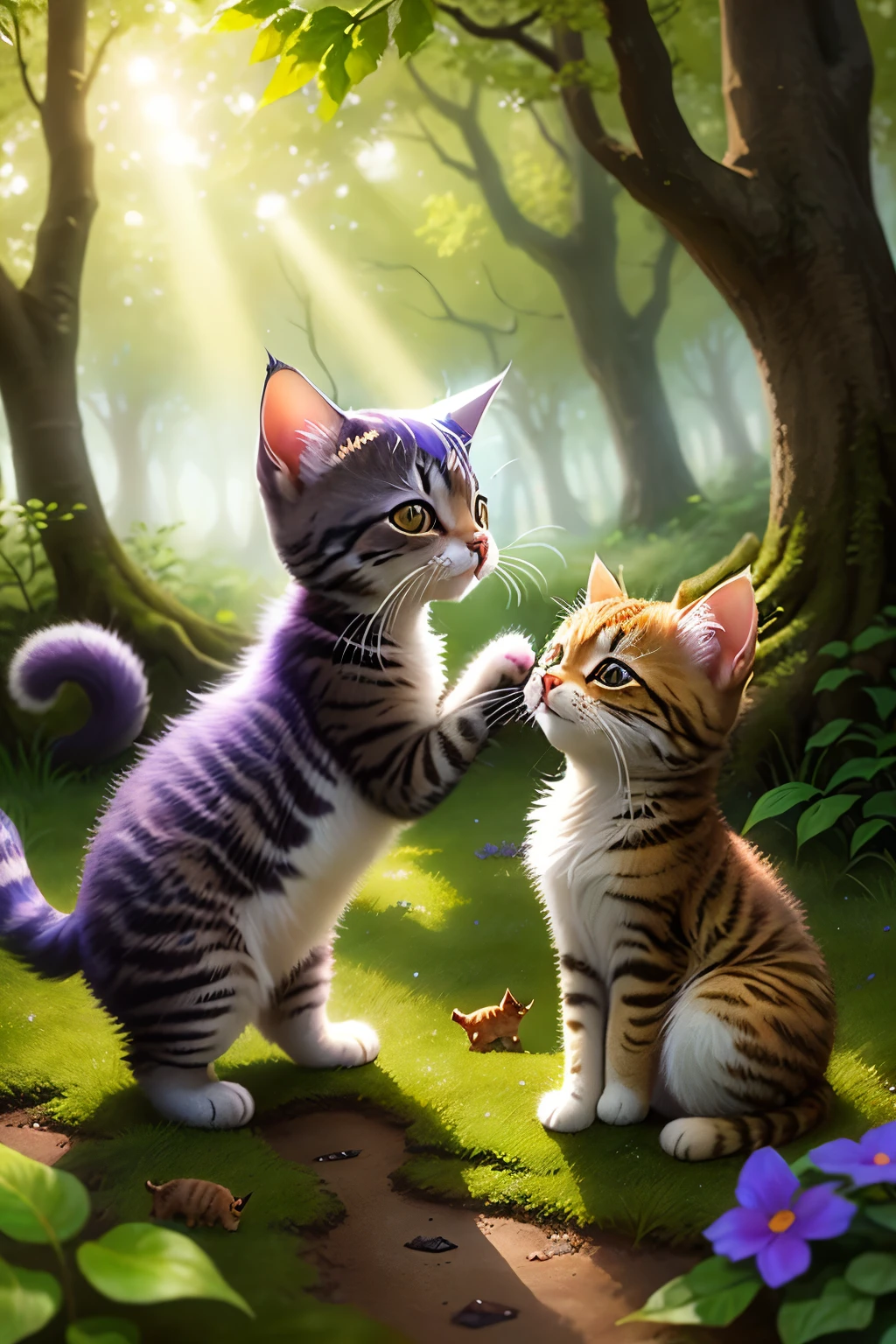 Kittens frolic and play in an enchanted forest, their soft paws barely making a sound on the mossy forest floor. Gold and violet wildflowers bloom around them, their sweet fragrance filling the air. Delicate butterflies dance among the trees, adding bursts of color to the scene. The sun filters through the leaves, casting dappled light on the kittens as they explore the magical woodland. Shining crystals peek out from behind the trees, their light reflecting off the kittens' fur, making them look even more radiant. A gentle breeze rustles the leaves above, creating a soothing melody that lulls the kittens