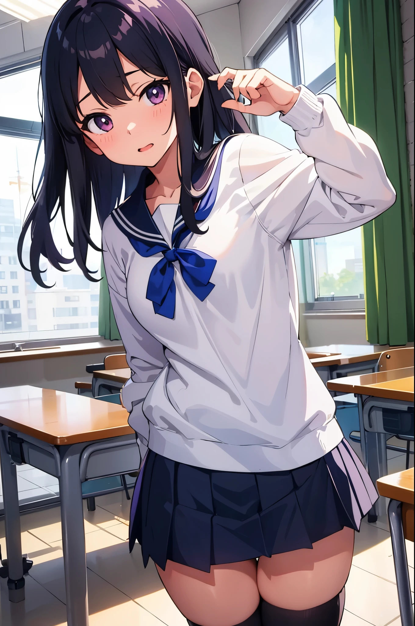 school classroom　elementary school girl　8-year-old　flat chest　black hair　long hair　eyes are purple　embarrassed look（（1 person））　White upper body long sleeve sailor uniform　Lower body navy blue miniskirt　white panties　She stands in front of the blackboard and lifts up her skirt with both hands to show her panties.　sports boots　spread your legs a little（（I can see white panties））　dynamic angle　Low angle from the front