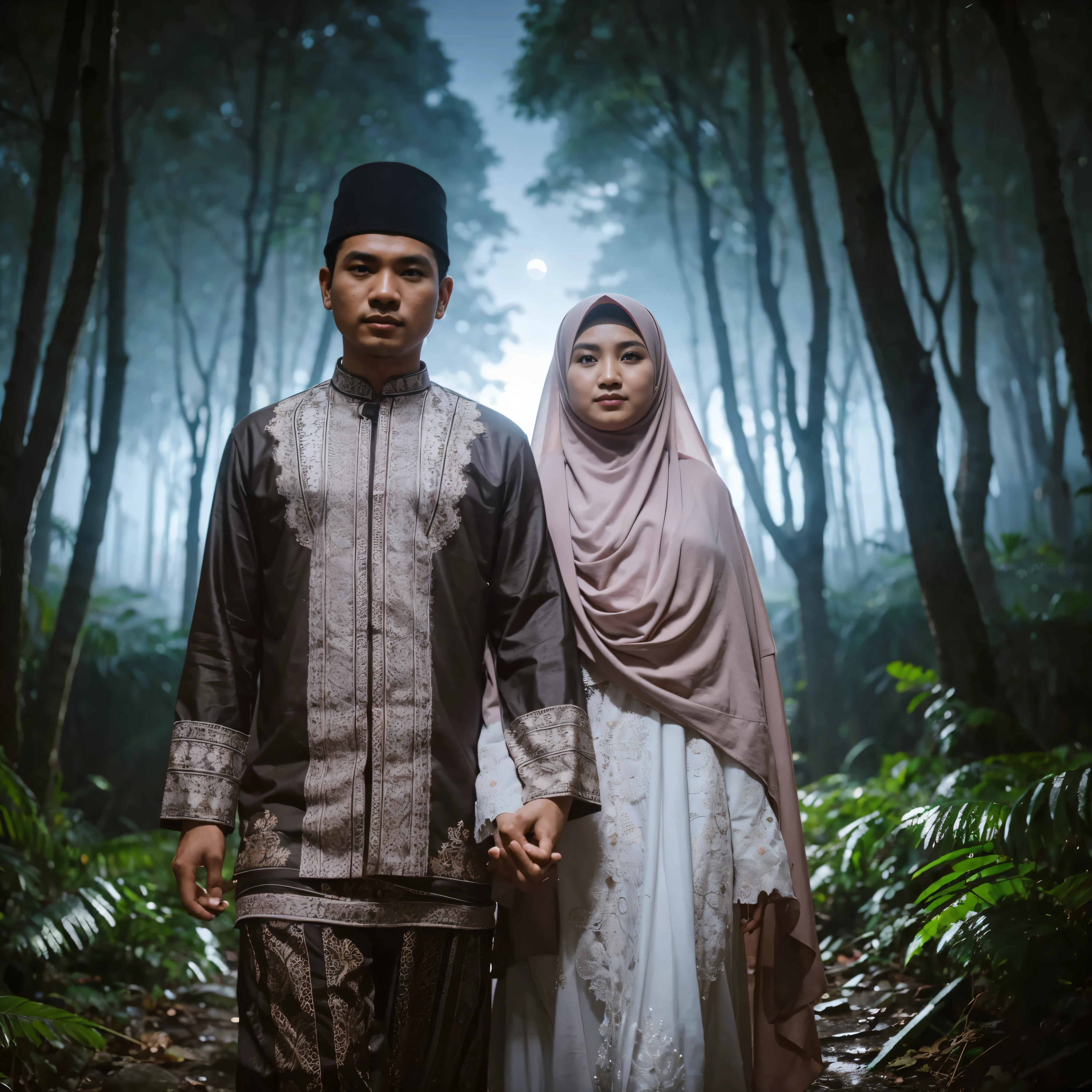 indonesia couple berpakain muslim, berjalan beriringan menuju masjid melewati hutan lebat pada malam hari, view dari depan ,melihat ke kamera
