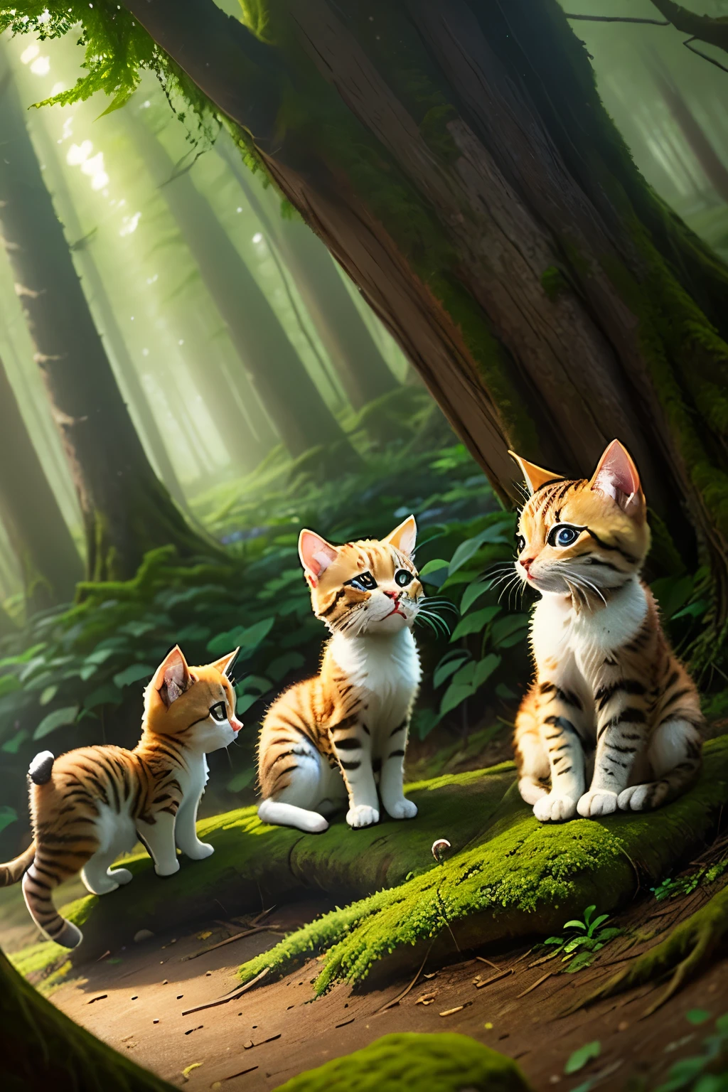 In the heart of an enchanted forest, a delightful scene unfolds as playful kittens frolic among the ancient trees. Their soft, agile paws barely make a sound on the moss-covered forest floor. Their fur, shimmering with magical glints in the dappled sunlight, blends seamlessly with the forest's ethereal atmosphere. The kittens' curious and joyful expressions light up the serene forest, their tails twitching in excitement as they chase one another. This magical moment is a true testament to the enchanting wonders that lie hidden within the depths of the woods.