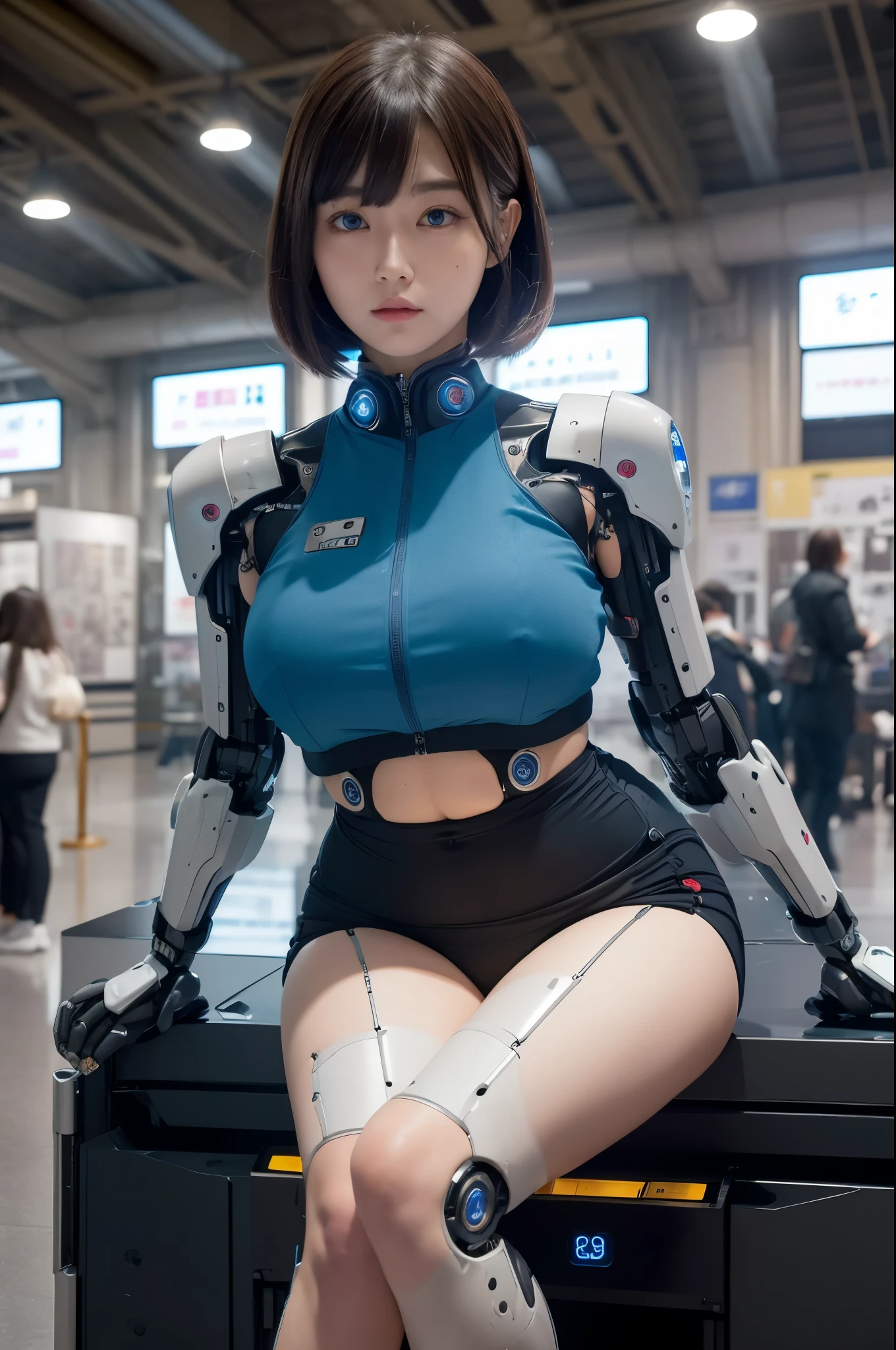 masterpiece, Best Quality, Extremely detailed, 8K portrait,Japaese android girl,Plump , control panels,Robot arms and legs, Blunt bangs,Charging spot,She has charged energy,She is exhibits,museum hall,blue eyes