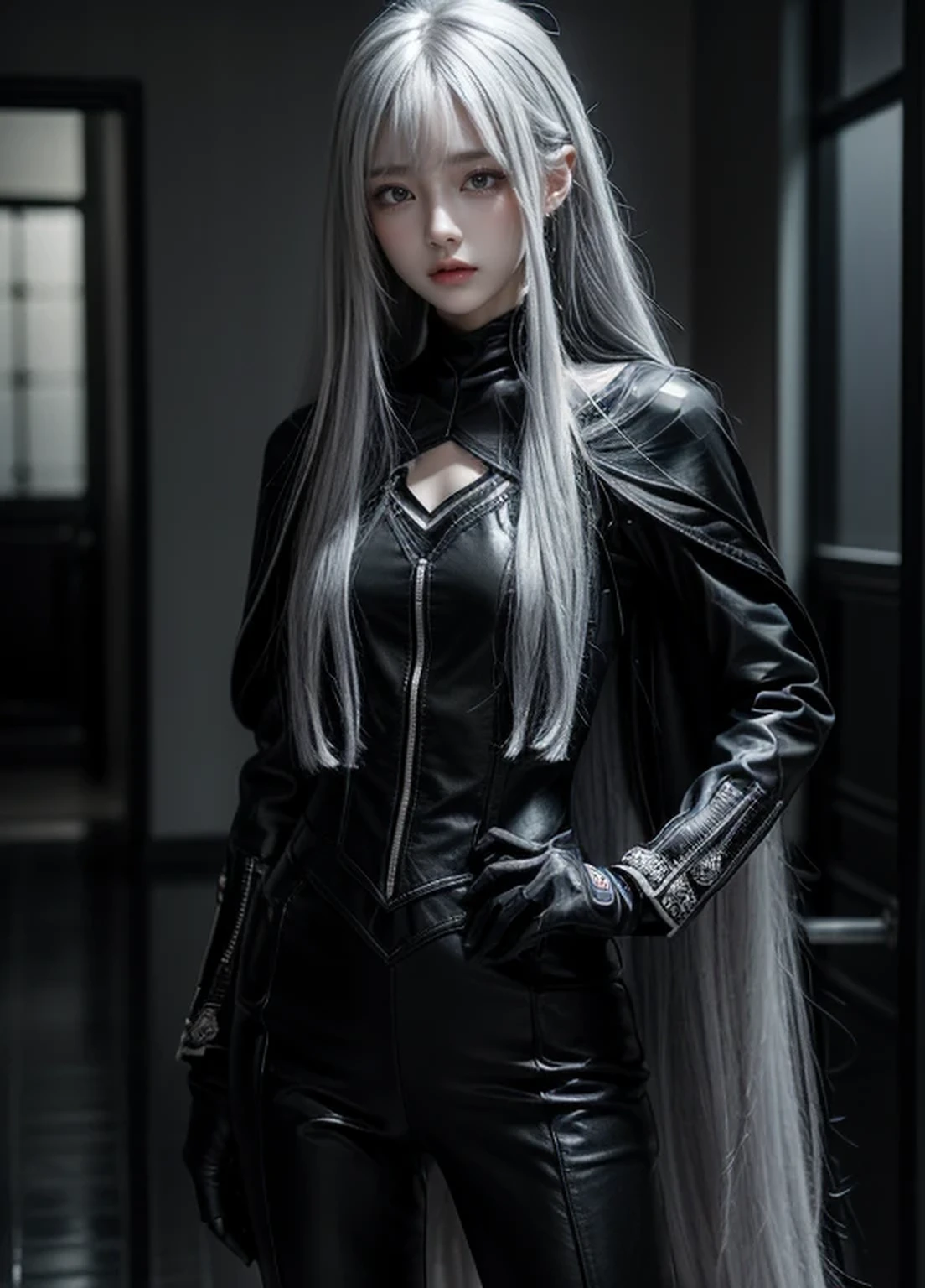 {{Grell}},shiny hair,4 fingers,sharp gaze,{{{{{White eyes}}}}},{{{{{White eyes}}}}},{long hair},{{straight hair}},black gloves,black clothes,black military suit,{military},{{{{{dull bangs}}}}},Hard hair,(slanted eyes},{{whole body},{{{1 girl}}}, {{{{silver hair}}}},{{{Tsurime}}},36 years old,white people,silver eyes,thin,{{{masterpiece}}}, {{{highest quality}}}, {{Super detailed}}, {shape}, {{very delicate and beautiful}},very detailed,Detailed completeness,detailed hyper,military服,{{bangs}},{{Fishing eyes}},black cloak,waist length hair