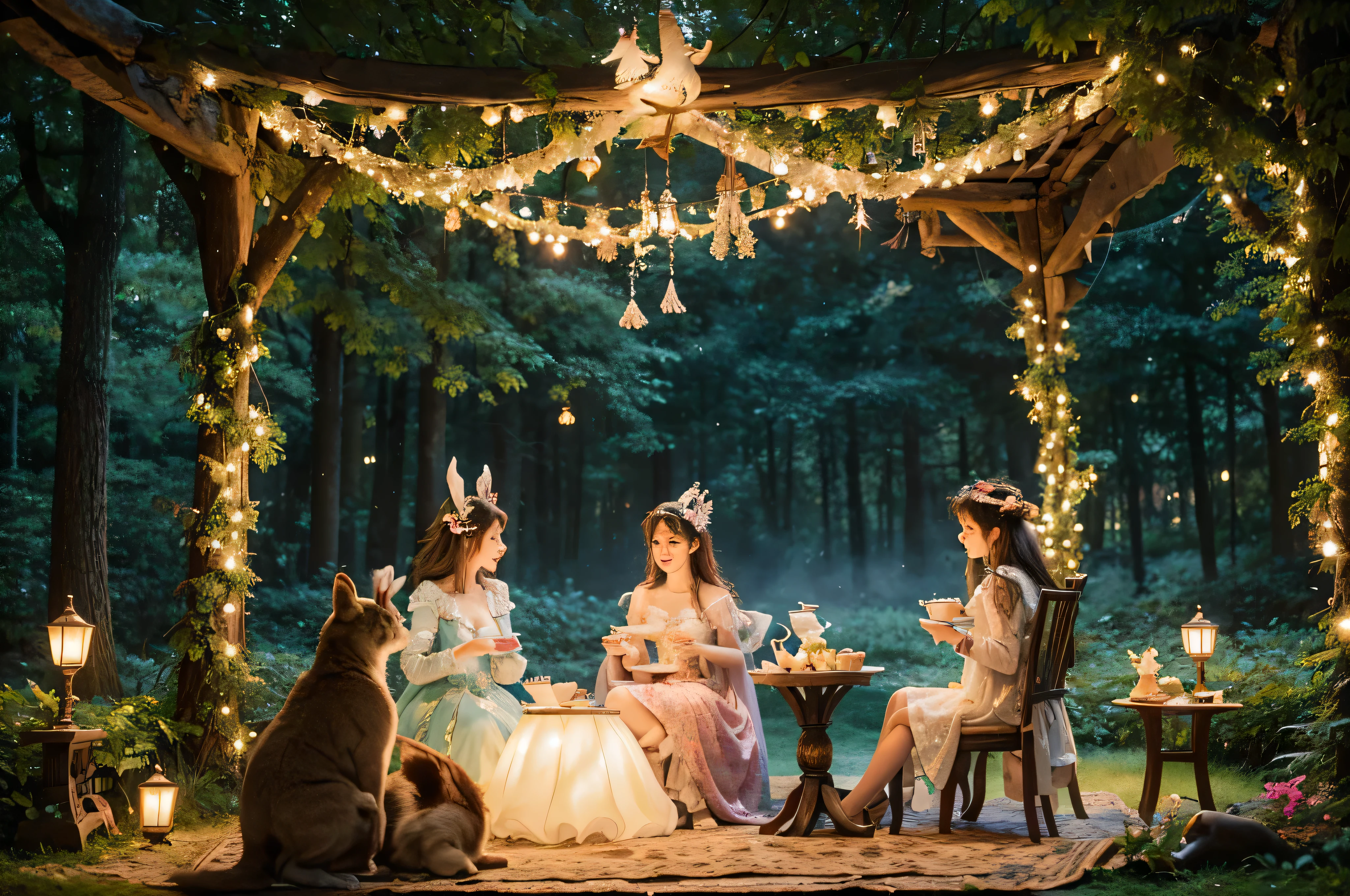 Imagine a whimsical scene where animals from different habitats come together for a magical tea party in an enchanted forest. Each animal is dressed in elaborate costumes, enjoying tea and treats under a canopy of sparkling fairy lights. Capture the charm, detail, and fantasy of this scene in your jigsaw puzzle design, incorporating vibrant colors and intricate patterns to make it both challenging and delightful to piece together.