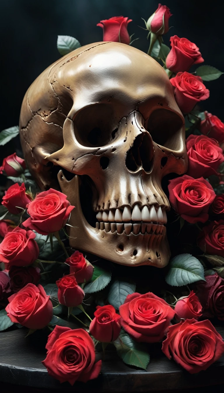 (Best Quality,8K resolution,High resolution,masutepiece:1.2),Ultra-detailed,Realistic Skull,detailed corpse,Bouquet of roses,dark background with altar,melancholy lighting,Horror-themed,Solid color palette