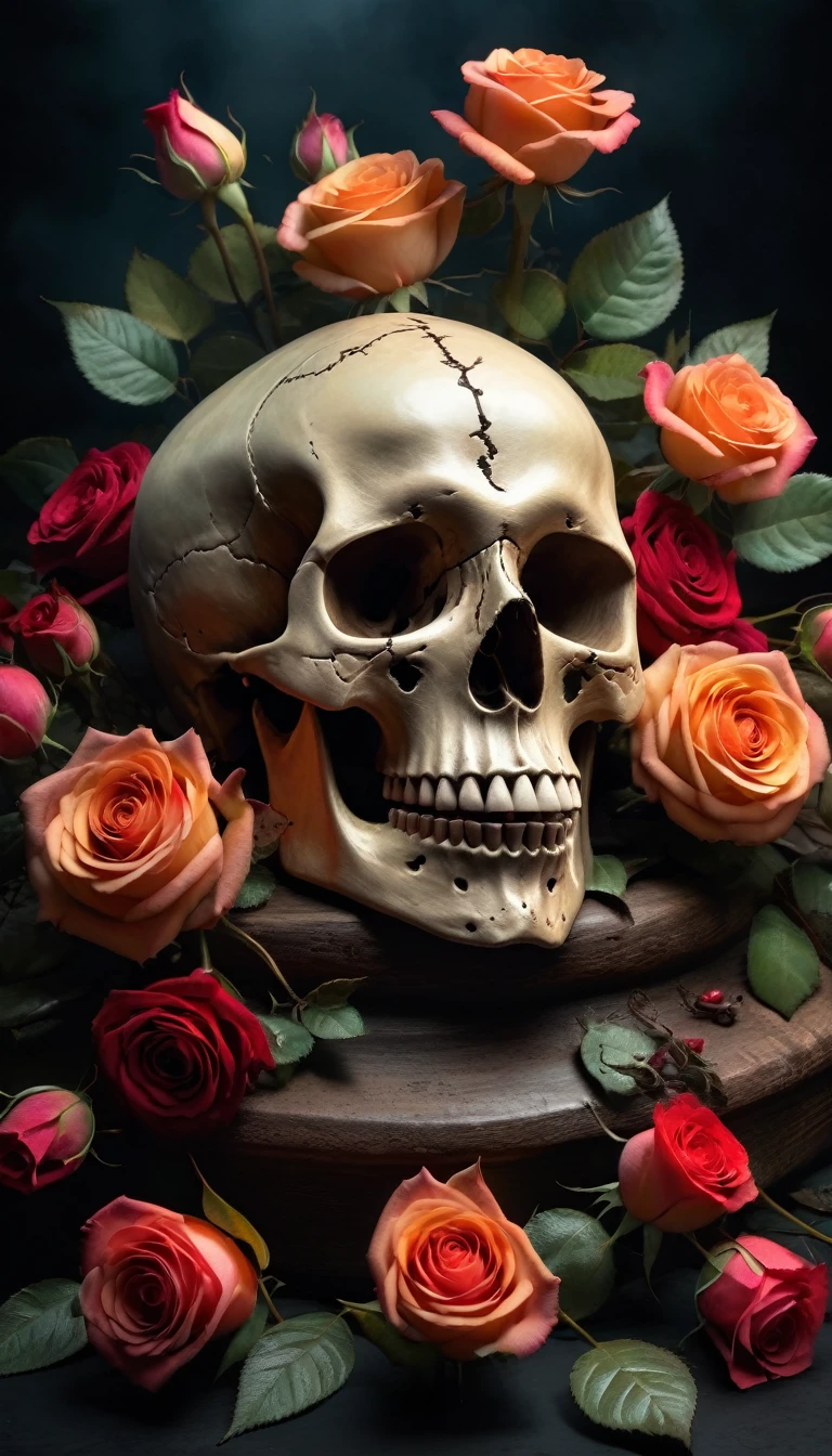(Best Quality,8K resolution,High resolution,masutepiece:1.2),Ultra-detailed,Realistic Skull,detailed corpse,Bouquet of roses,dark background with altar,melancholy lighting,Horror-themed,Solid color palette