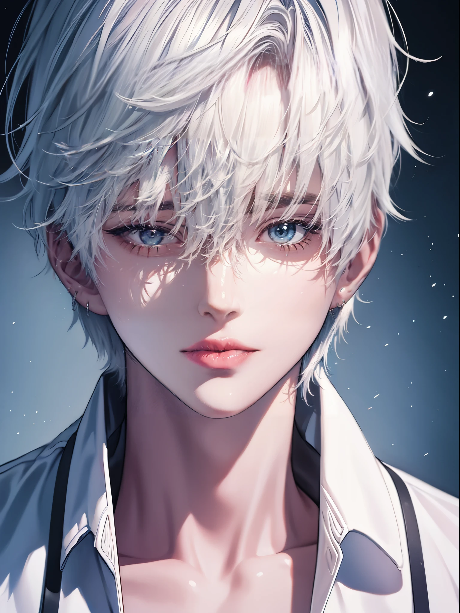 Boy, white hair, blue eyes, serious sharp features, white skin, pink lips