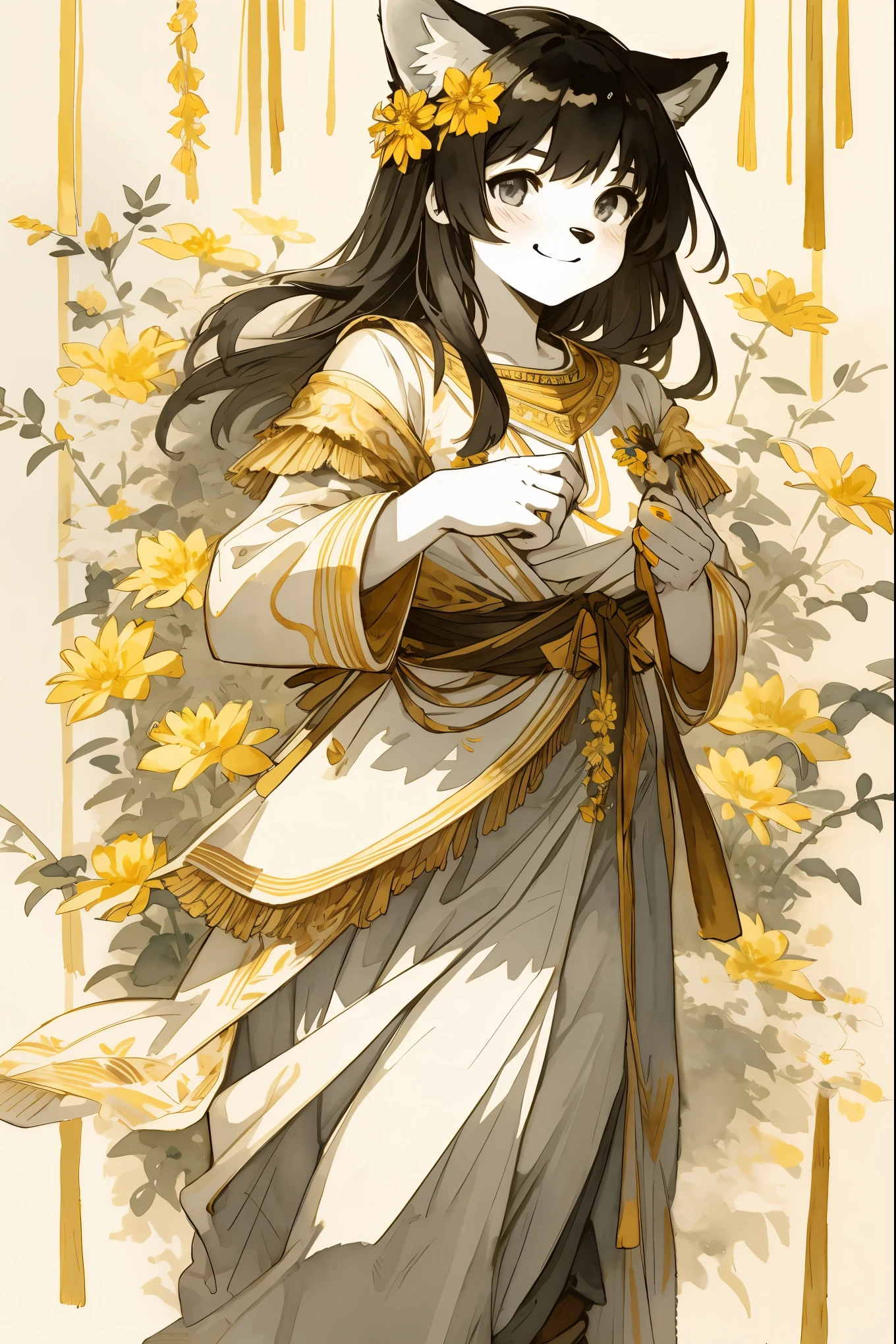 monochrome, watercolor, highres, top quality, best quality, paid reward available, High-quality illustrations by John William Waterhouse, unparalleled masterpiece, perfect artwork, absurdres, 1girl, kemono, furry, detailed body fur, animal face, animal hand, Archaic Smile, holding a cluster of gold flower in both hands, which are positioned at chest level, She is wearing a simple ring on the ring finger of her left hand, unfocused spread of gold flower, fan-created work shared on platforms Pixiv or Twitter, Watercolor elements that seem to shift through time,