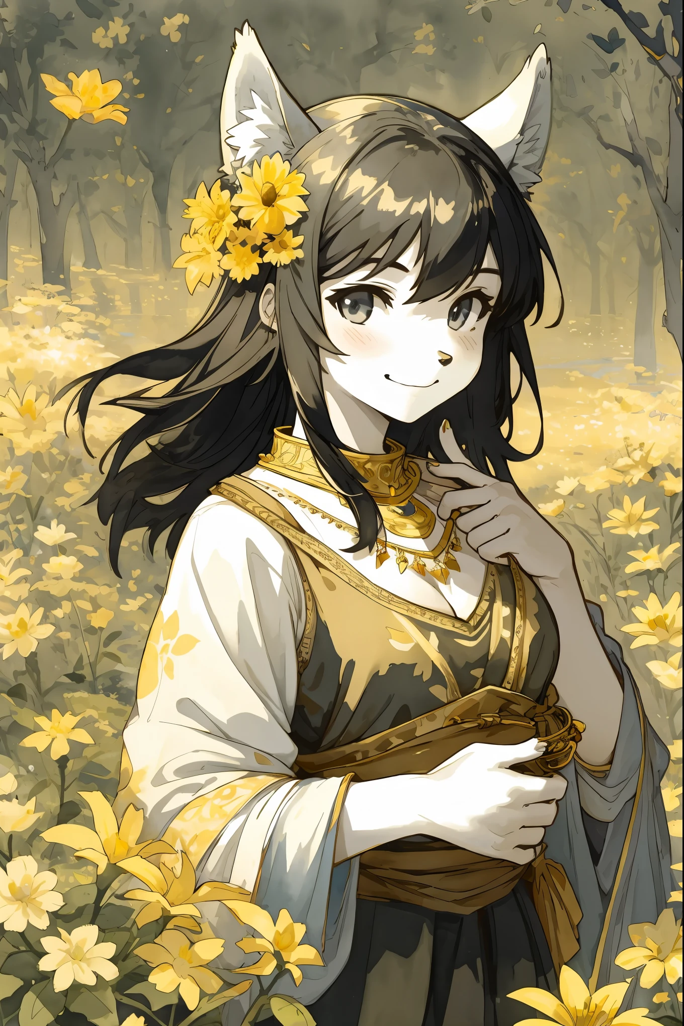 monochrome, watercolor, highres, top quality, best quality, paid reward available, High-quality illustrations by John William Waterhouse, unparalleled masterpiece, perfect artwork, absurdres, 1girl, kemono, furry, detailed body fur, animal face, animal hand, Archaic Smile, holding a cluster of gold flower in both hands, which are positioned at chest level, She is wearing a simple ring on the ring finger of her left hand, unfocused spread of gold flower, fan-created work shared on platforms Pixiv or Twitter, Watercolor elements that seem to shift through time,