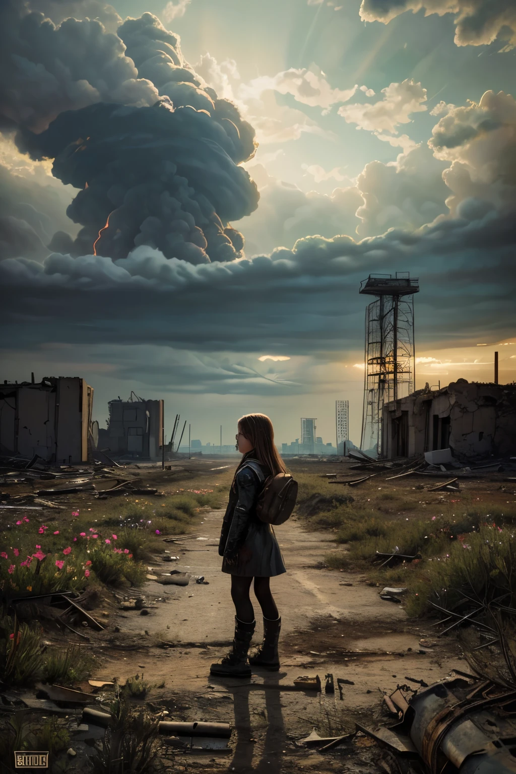"Oil painting, ((resilient)) girl standing amidst nuclear wasteland ruins, delicate flowers emerging from the desolation, ominous clouds casting shadows, ((haunting beauty)), post-apocalyptic masterpiece"