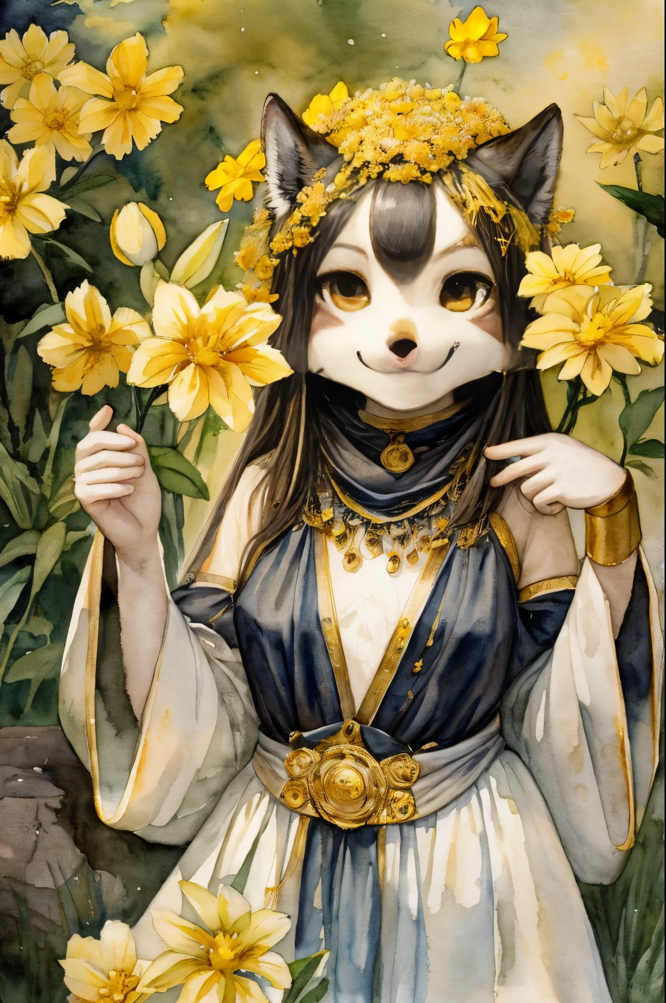 monochrome, watercolor, highres, top quality, best quality, paid reward available, High-quality illustrations, unparalleled masterpiece, perfect artwork, absurdres, 1girl, kemono, furry, detailed body fur, animal face, animal hand, Archaic Smile, holding a cluster of gold flower in both hands, which are positioned at chest level, She is wearing a simple ring on the ring finger of her left hand, unfocused spread of gold flower, fan-created work shared on platforms Pixiv or Twitter, Watercolor elements that seem to shift through time, John William Waterhouse,