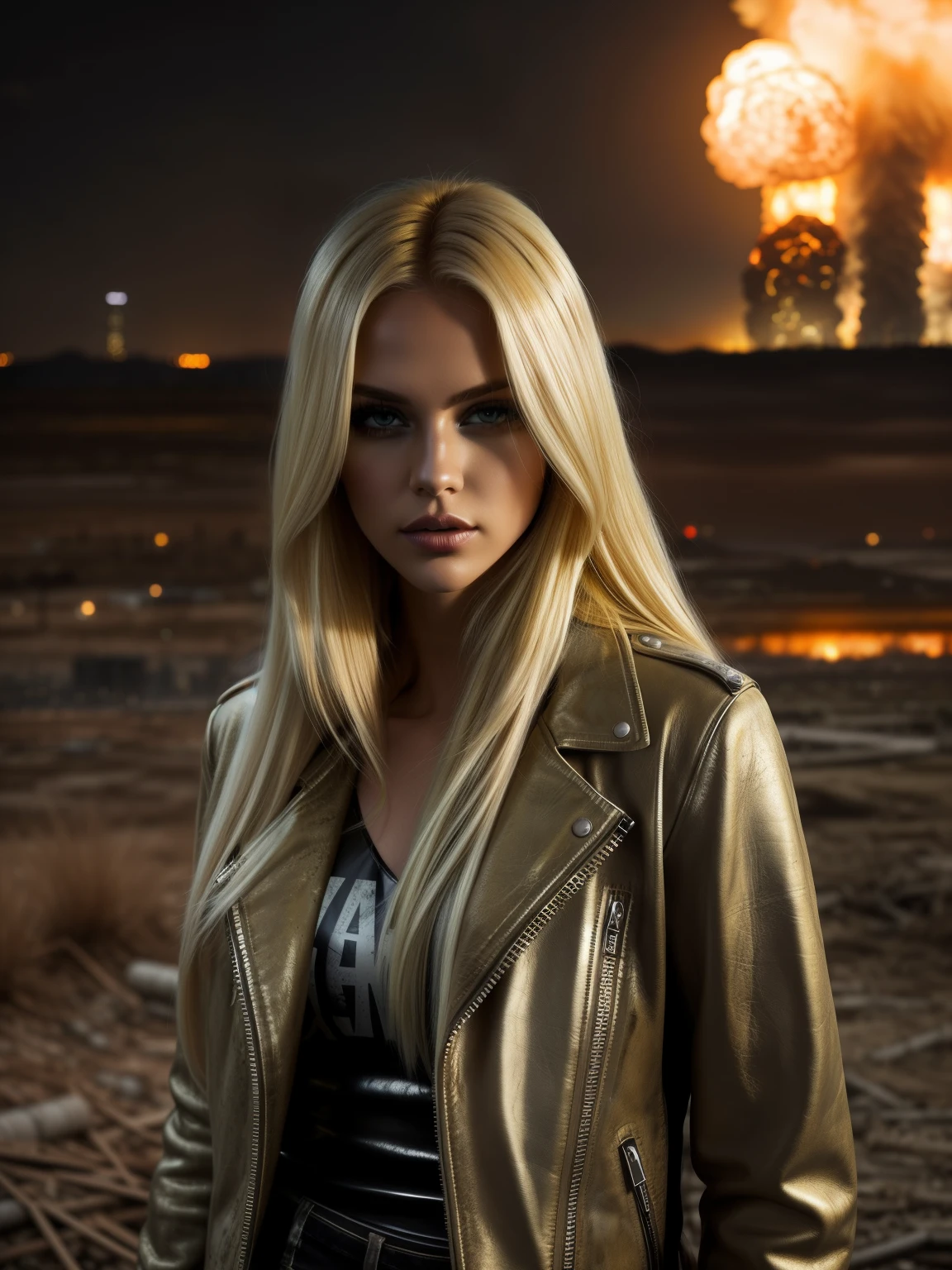 RAW, Photography Glamour award-winning blonde woman leather jacket and jeans, long blonde hair, closeup, hyper-detailed, camouflaged lingerie, post-apocalyptic, nuclear Armageddon, burning cityscape background at night, sandy, dirt, mushroom cloud, swollen, erect