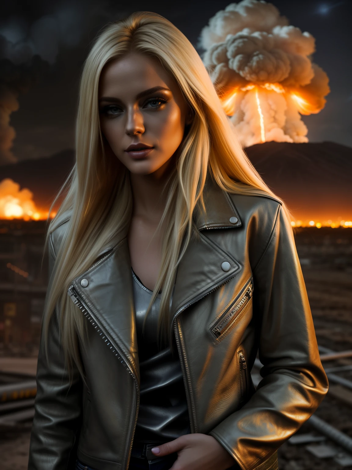 RAW, Photography Glamour award-winning blonde woman leather jacket and jeans, long blonde hair, close up, portrait, hyper-detailed, camouflaged lingerie, post-apocalyptic, nuclear Armageddon, burning cityscape background at night, sandy, dirt, mushroom cloud, swollen, erect