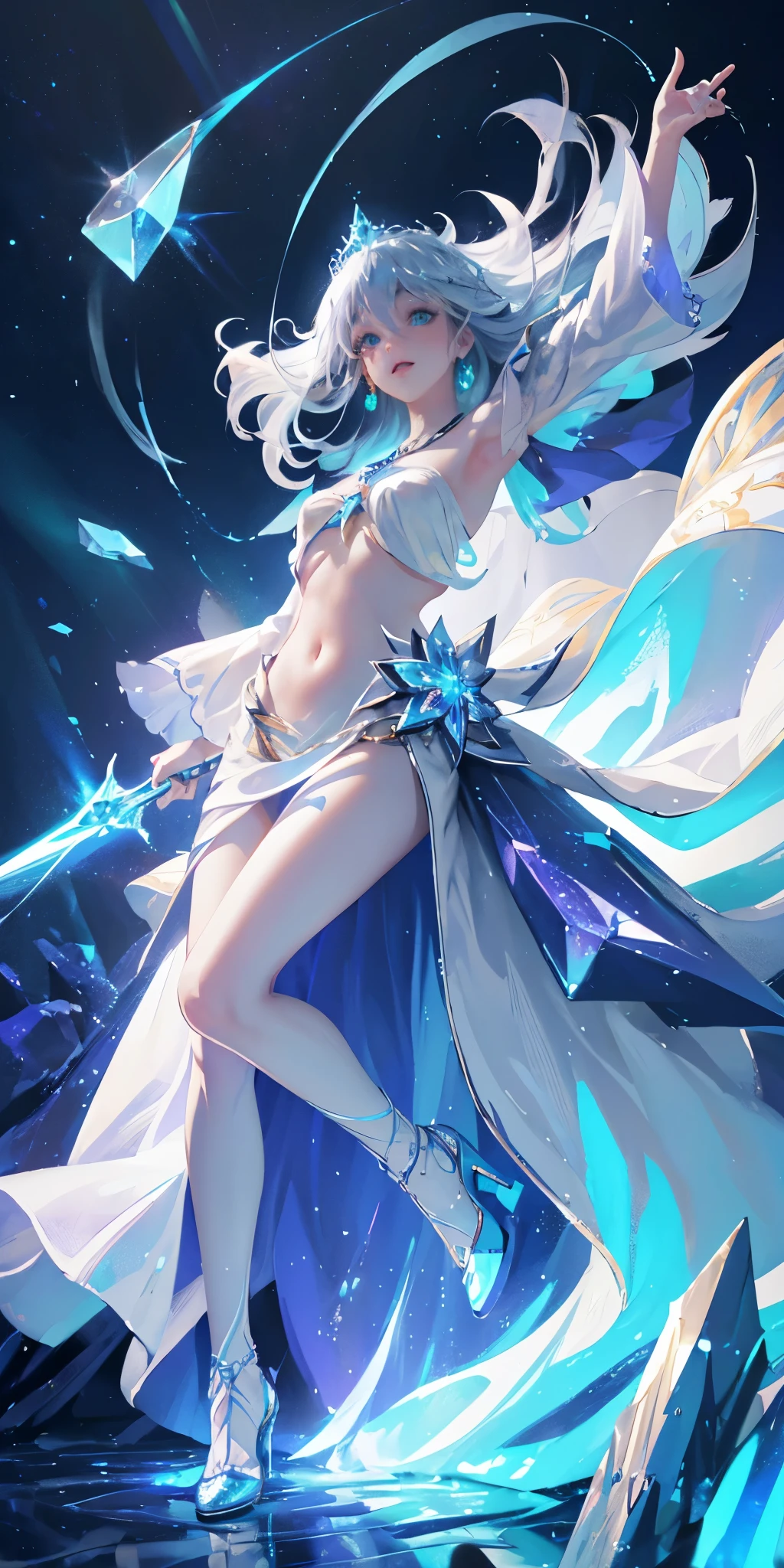 masterpiece,top quality,fantasy,Blue space with shining stars,ice cave,Girl using magic blonde girl),,green eyes,(Blue jewelry and luxurious silver tiara,Navel ejection、Gorgeous sexy girl in white dress,Blue gemstone brooch,golden decoration),White and blue high heels,white high socks、Wear blue socks on your right foot,Luxury sword，Blue gemstone in hand,Confident facial expression,Green cube glowing on the ground,Purple fog,Fly green laser beam,Posture of holding a sword with both hands,low angle,There are large blue crystals under your feet