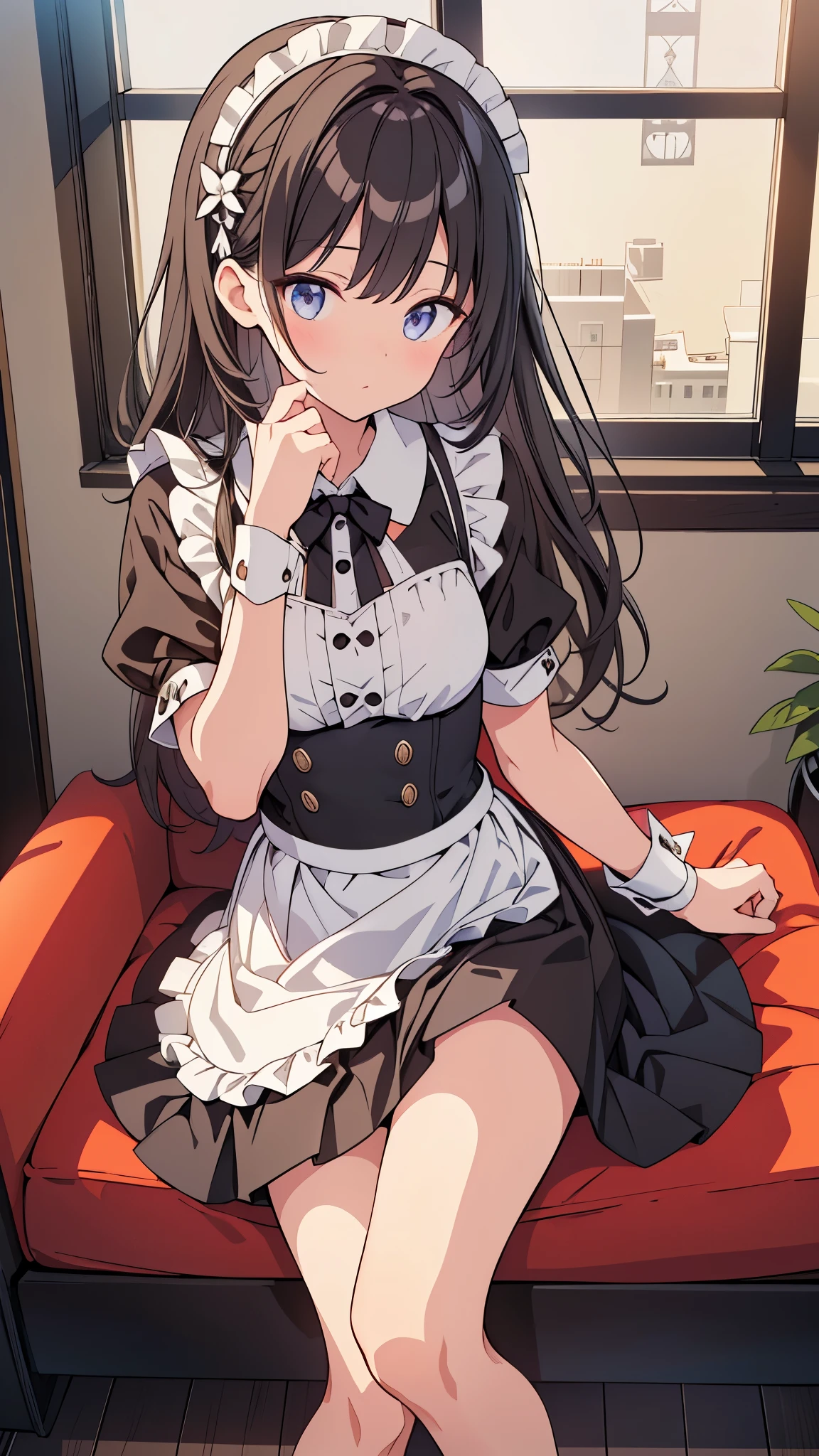 1 girl, , alone, lift your legs, 长长的hair, skirt, tangerine_hair, maid_have, clock_Please step back, clock_It will be displayed in_look at the audience, 前hairを通して, black_lift your legs, blushed, black_skirt, he is himself, short_sleeve, Clothes are_lift, wrist_arm cuffs, deco, skirt_lift, big deal_, lifted_past_Manifest yourself, What is the origin of the translucent liquid?、_It will be displayed in后面, maid, fluffy_short_sleeve, side lock, fluffy_sleeve, crop_superior, dull_前hairを通して, , awaGo outh, big deal腿, black_have眼睛, chair, kneel down, with ruffles_skirt, _Go out, It will be displayed in室内, window,