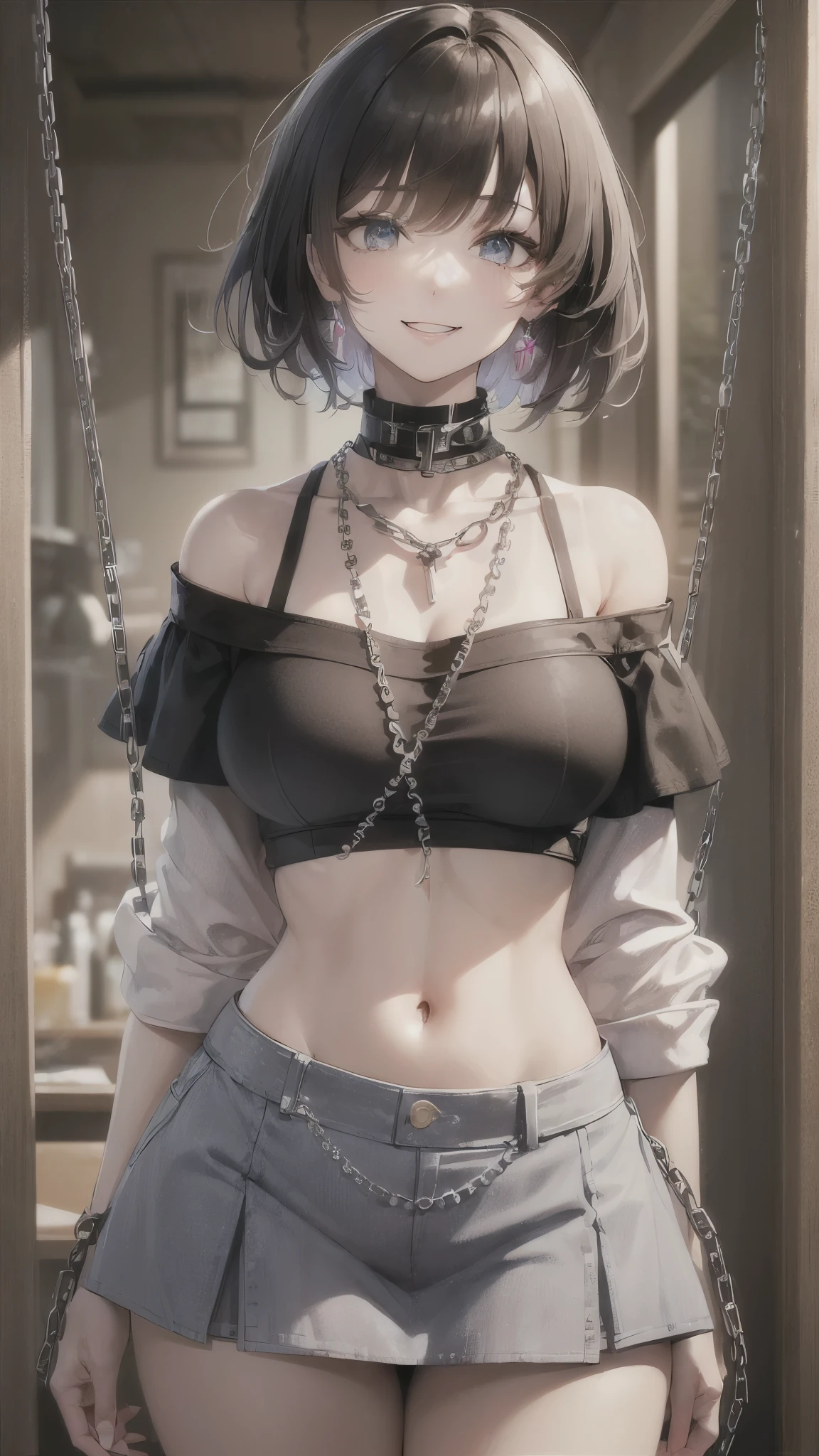 ((highest quality)),(ultra high resolution),(Super detailed),(detailed description),((best CG)),(best work of art),super precision art,amazing drawing art,(Fashion art with precise details:1.5), (Adult Female 1.6),(off shoulder crop top tube top:1.6),(tight mini skirt:1.6),(beautiful and well-shaped face:1.5),(smile:1.6),light makeup:1.4,(Gorgeous short hair detailed and detailed:1.8),(Thin Chain Necklace:1.6),