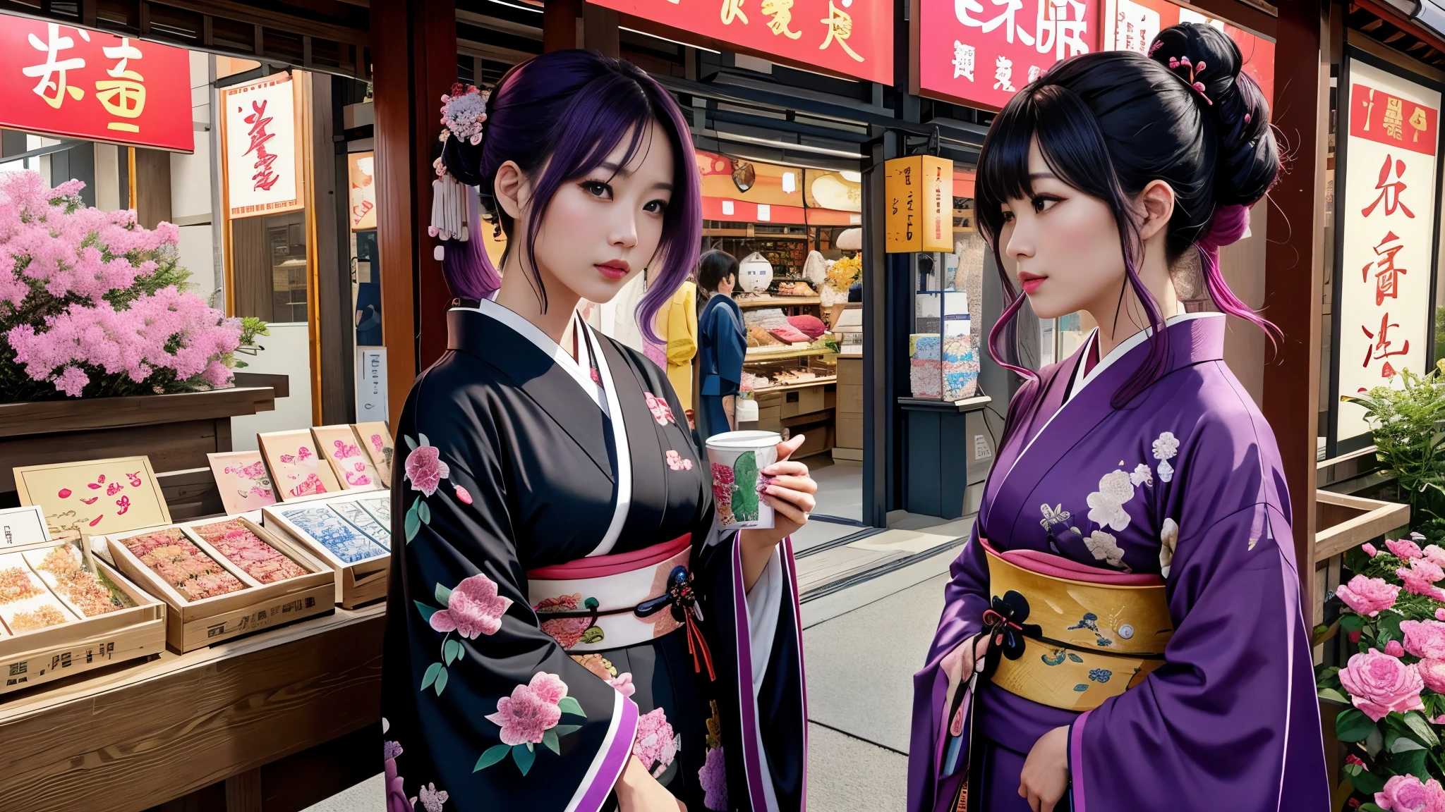 shopping、shopping、kimono、kimono、kimono、Japan、Japan、Japan、hiragana、hiragana、hiragana、hiragana、Chinese character、Chinese character、Chinese character、Chinese character、Chinese character、future city、Edo、Japan、cyber punk、pink hair、black hair、purple hair、robot、crowd of people、comminicate、shopping、masterpiece、highest quality、Detailed and detailed、More than one person、(((highest quality))), ((Super detailed)), (wonderful:1.1),
